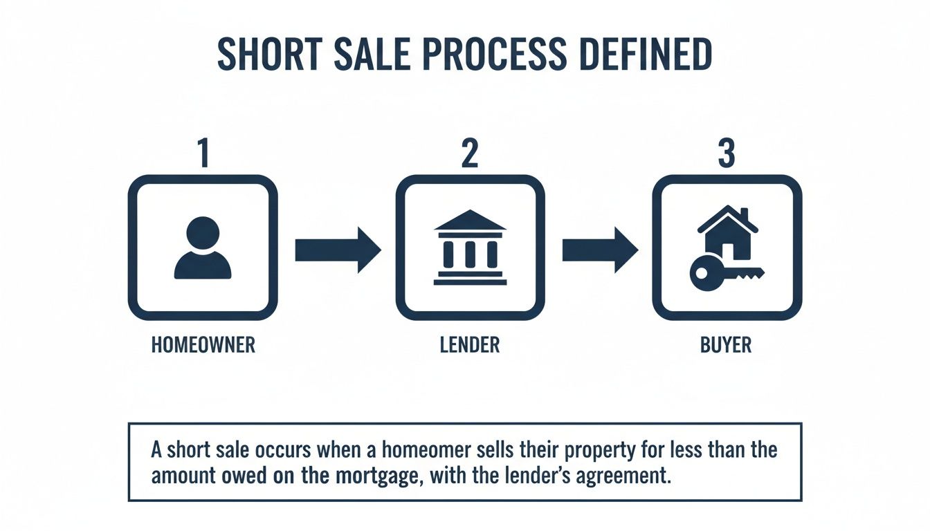 A diagram defining the short sale process, showing a homeowner, lender, and buyer in sequence.