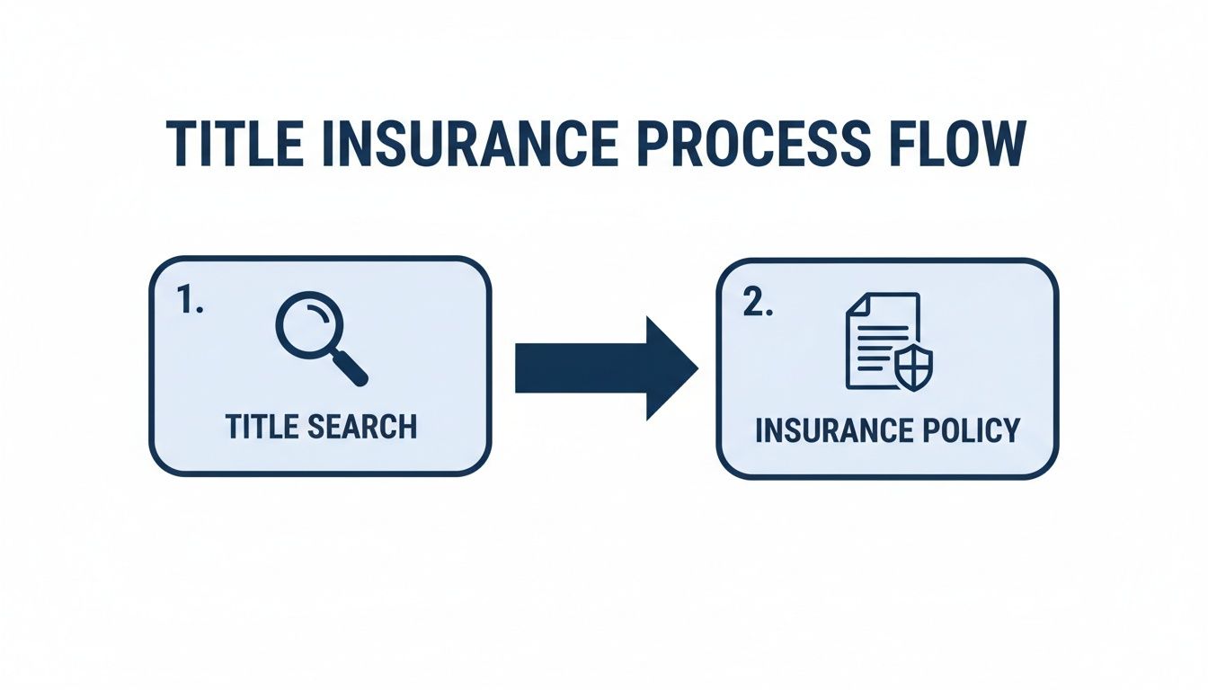 A simple flowchart outlining the two steps of the title insurance process: title search and policy issuance.