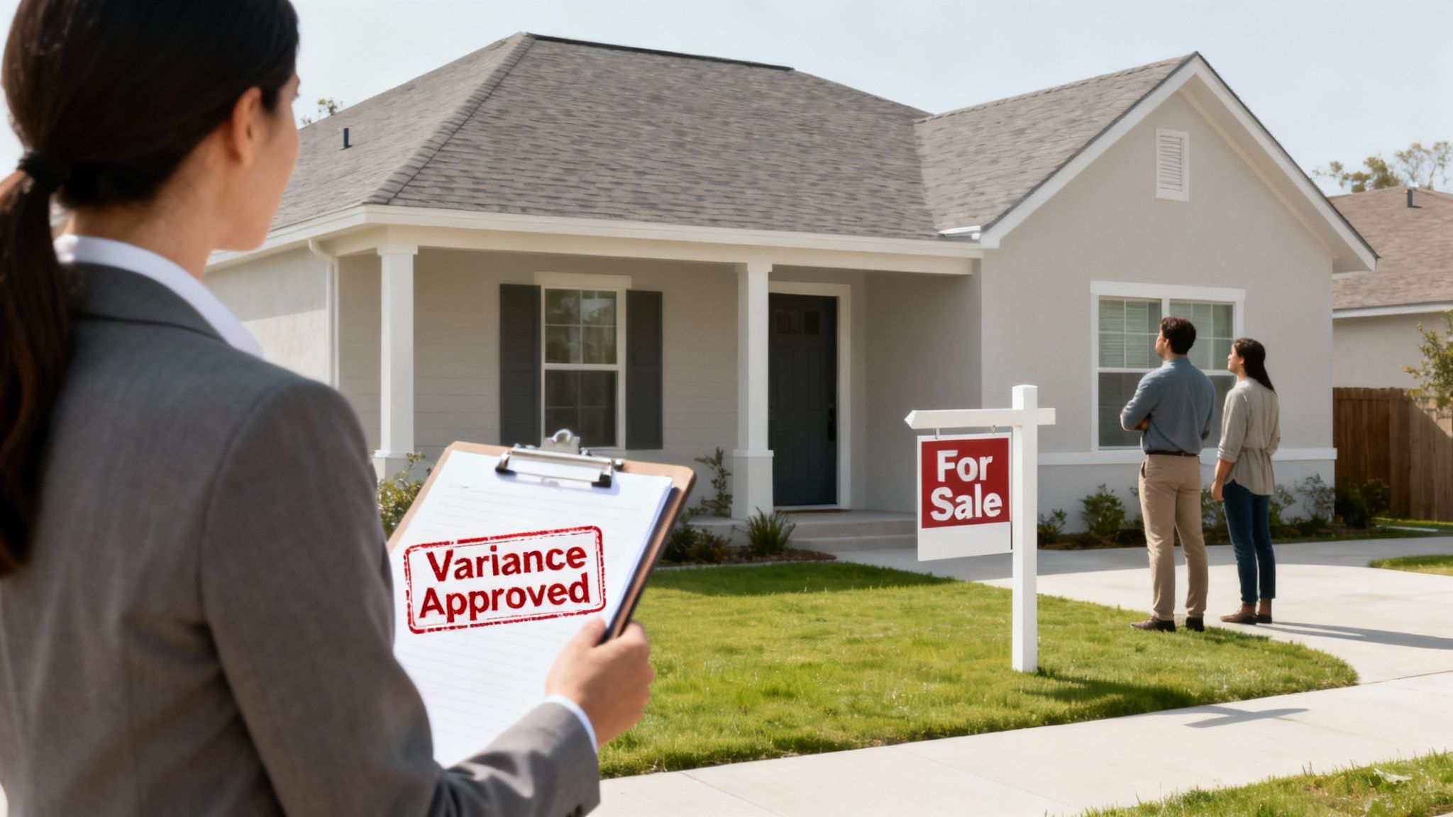 A real estate agent holds an approved variance document while a couple views a house for sale.
