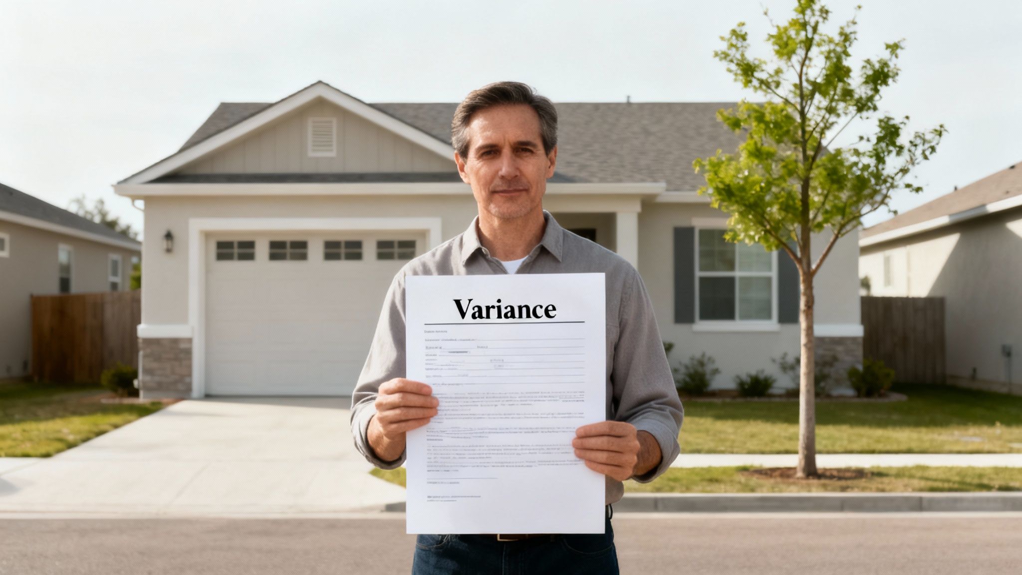 A man stands in front of a suburban house, holding a document titled 'Variance'.