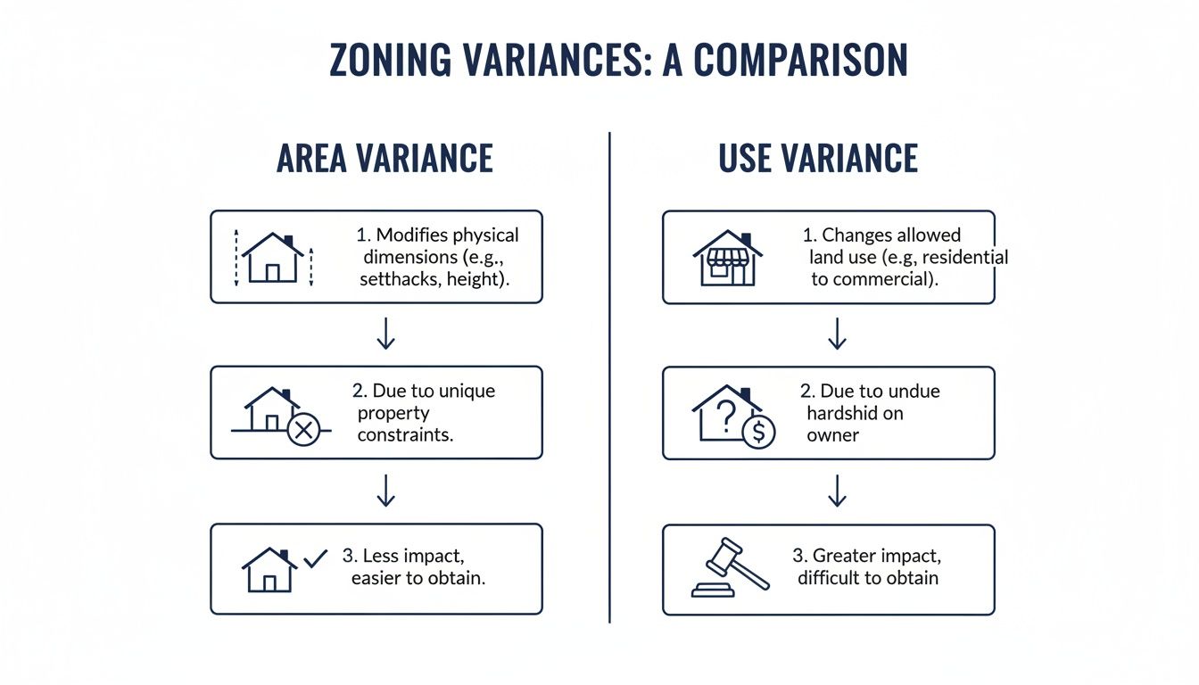 Infographic comparing area variance and use variance in zoning, detailing their differences and impacts.