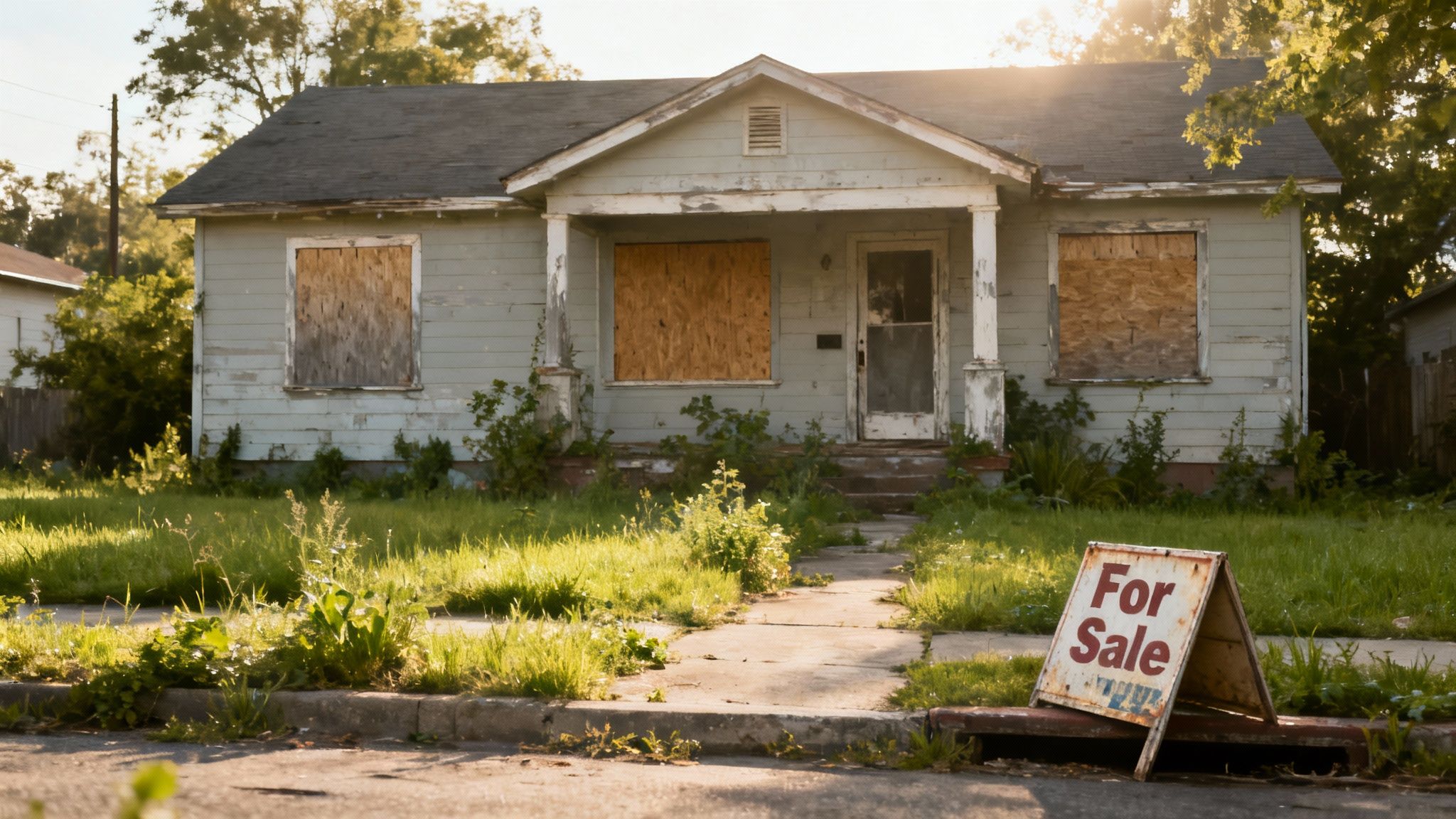 An old, dilapidated house with boarded-up windows and peeling paint, with a 'For Sale' sign in the overgrown front yard.