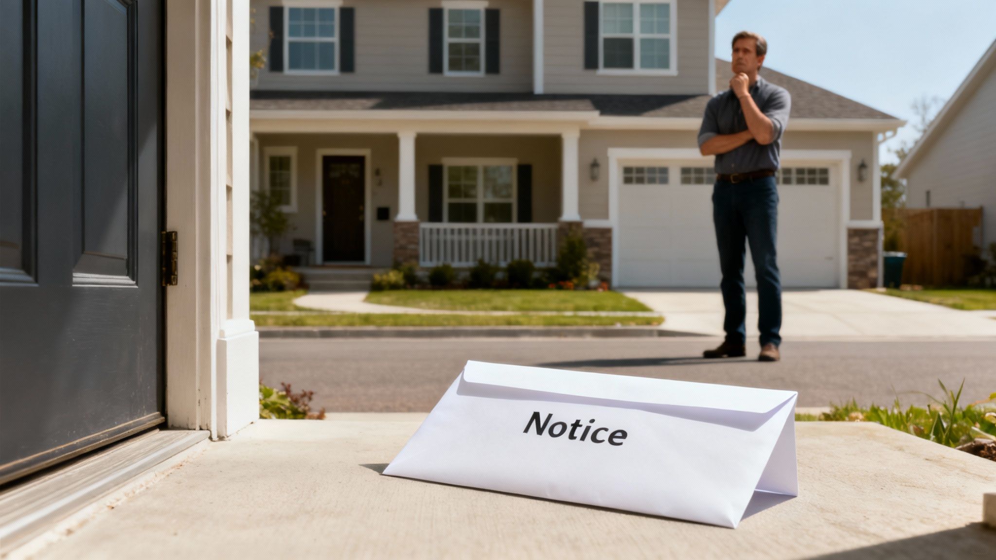 A 'Notice' envelope lies on a doorstep with a pensive man and house in the background.