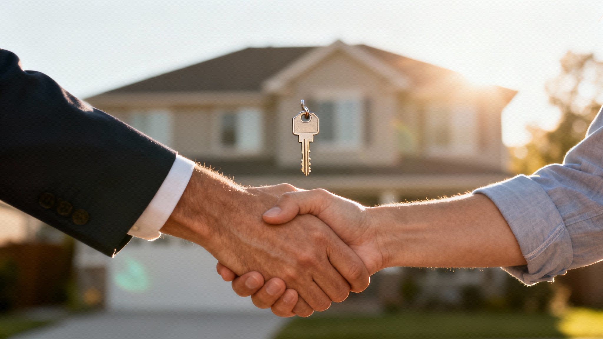 Two people shaking hands with a house key floating, symbolizing a successful home purchase.