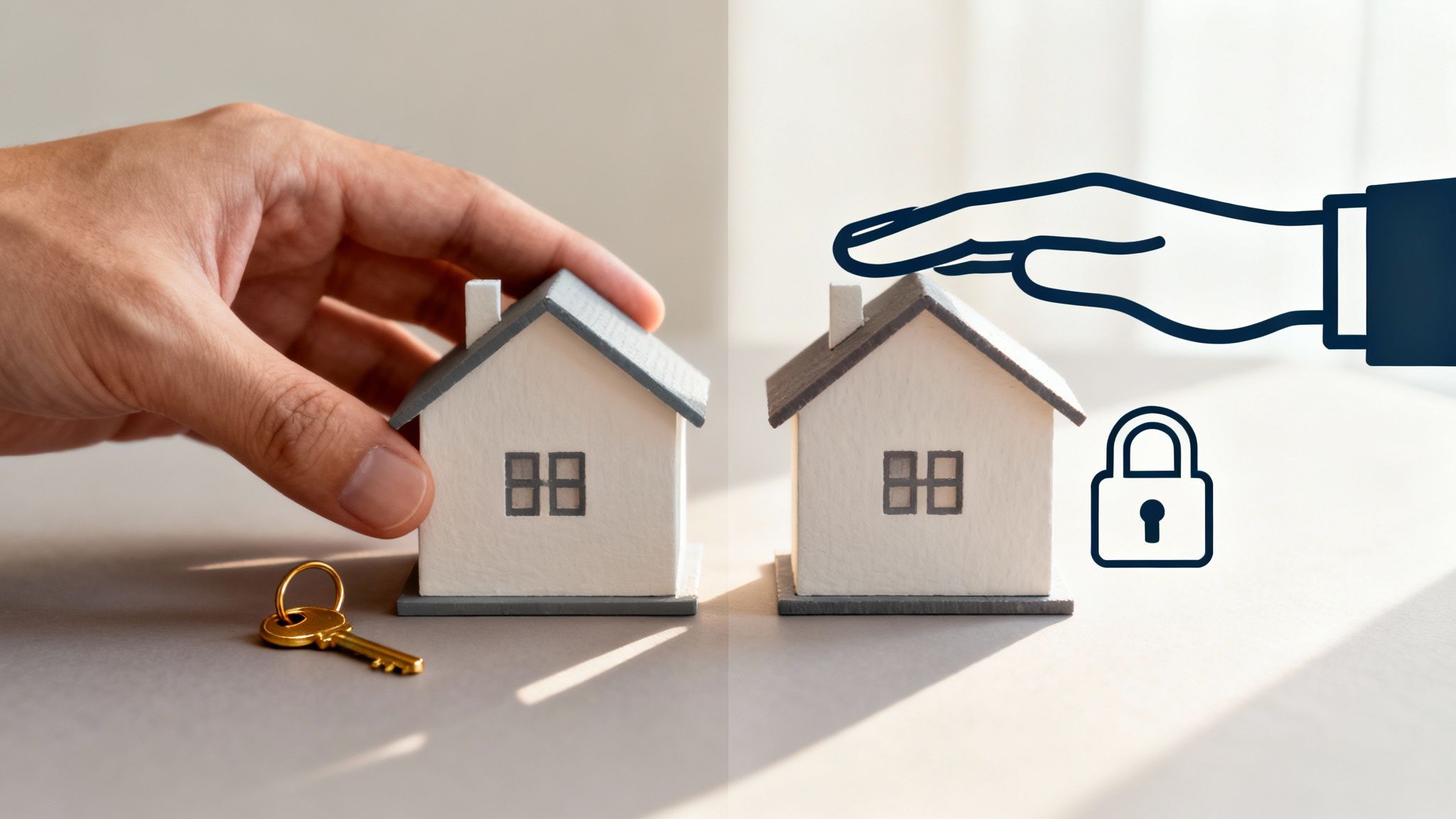 A hand places a miniature house model next to another, with a key and a protective hand icon.