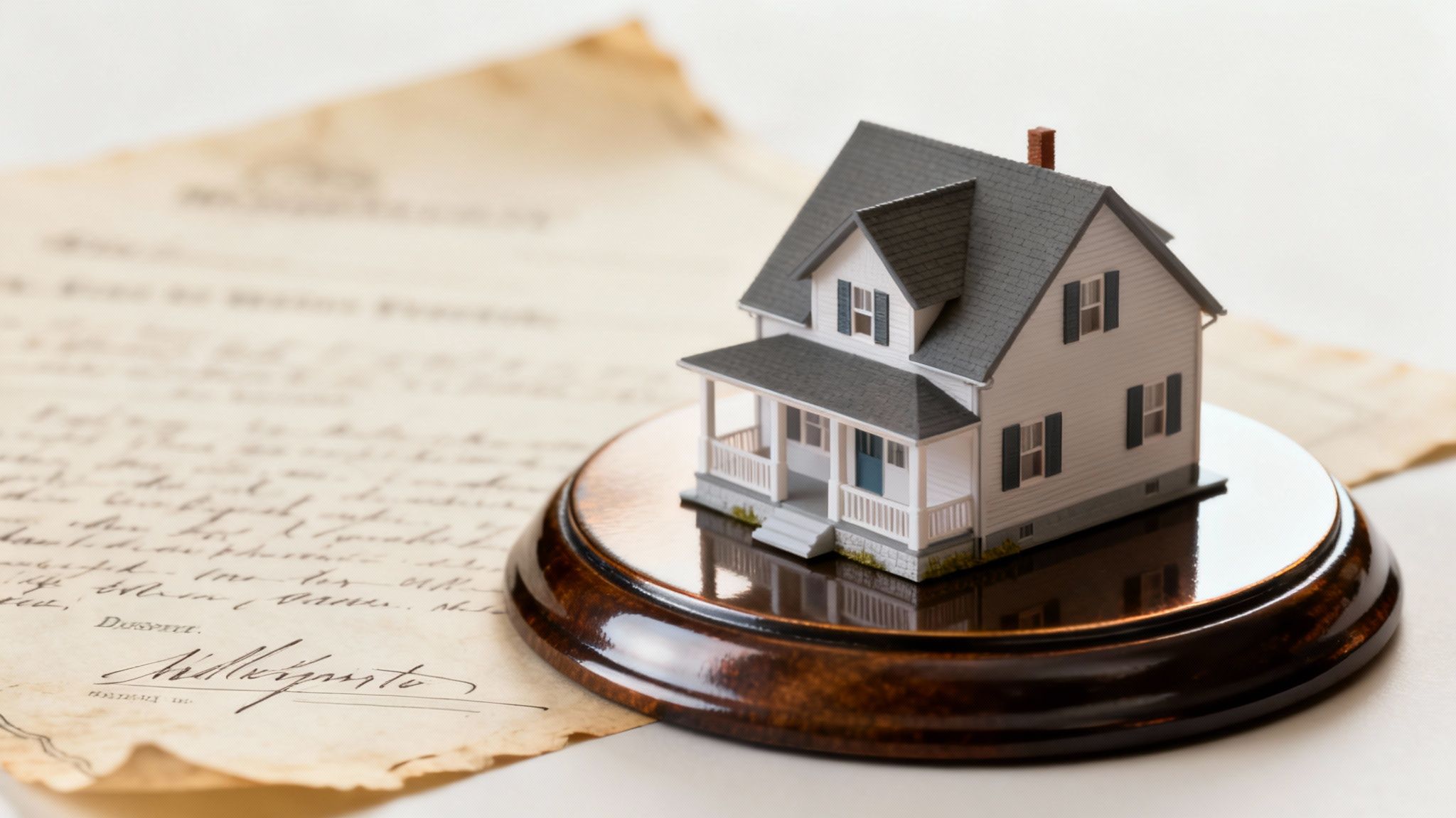 A miniature model house sits on a glossy wooden base over an old, handwritten legal document.