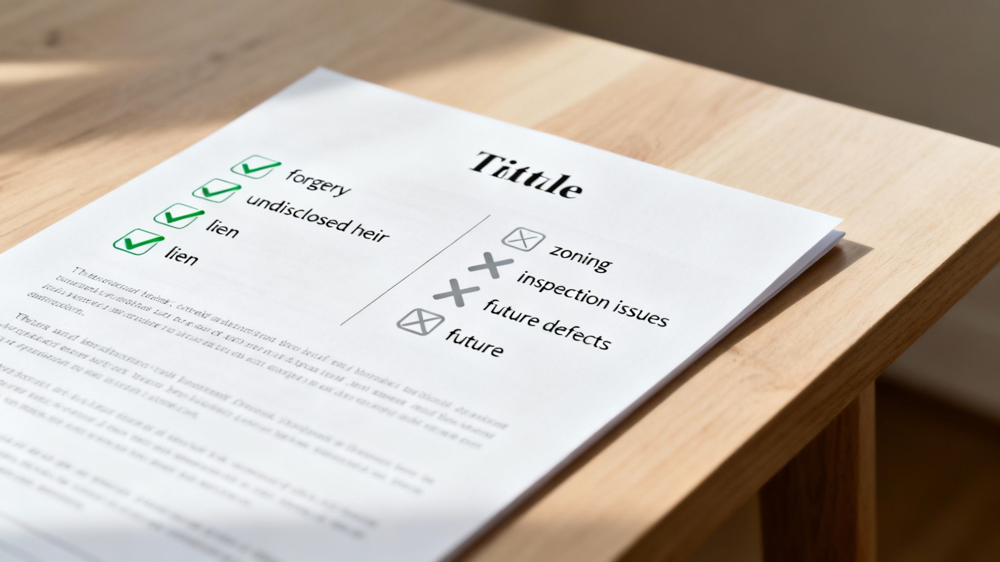 A close-up of a document titled 'Tittle' on a wooden desk, displaying a checklist of property title risks.