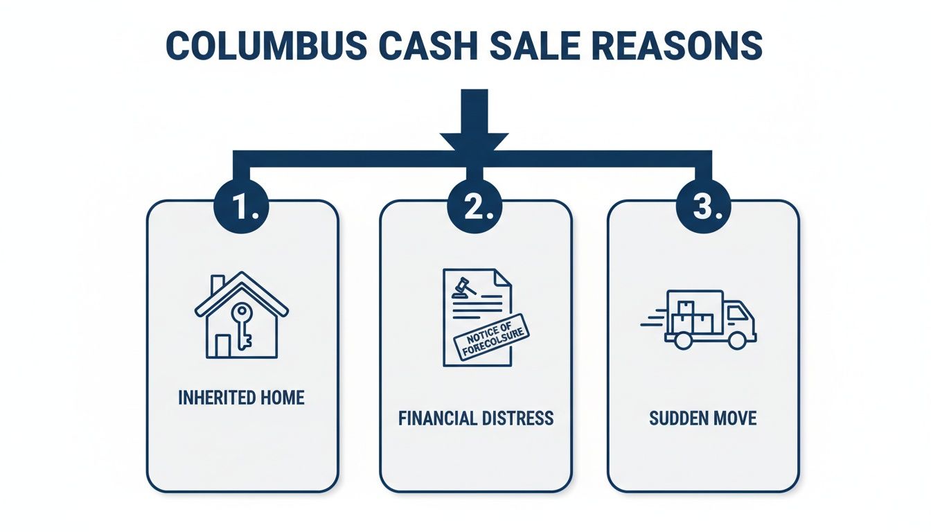 Infographic showing three reasons for a Columbus cash home sale: inherited home, financial distress, and sudden move.