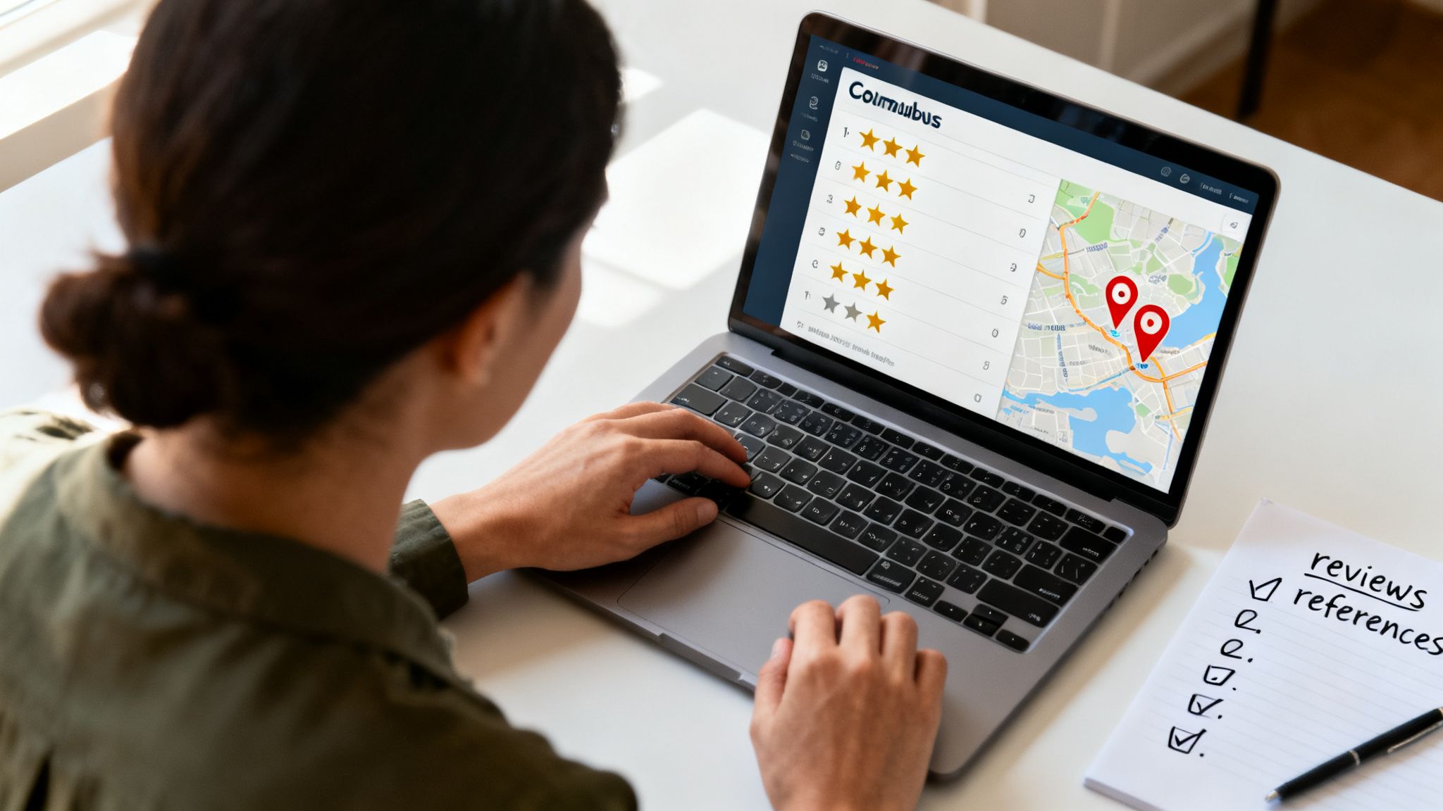 A person views customer reviews and a map on a laptop, with a checklist for reviews and references.