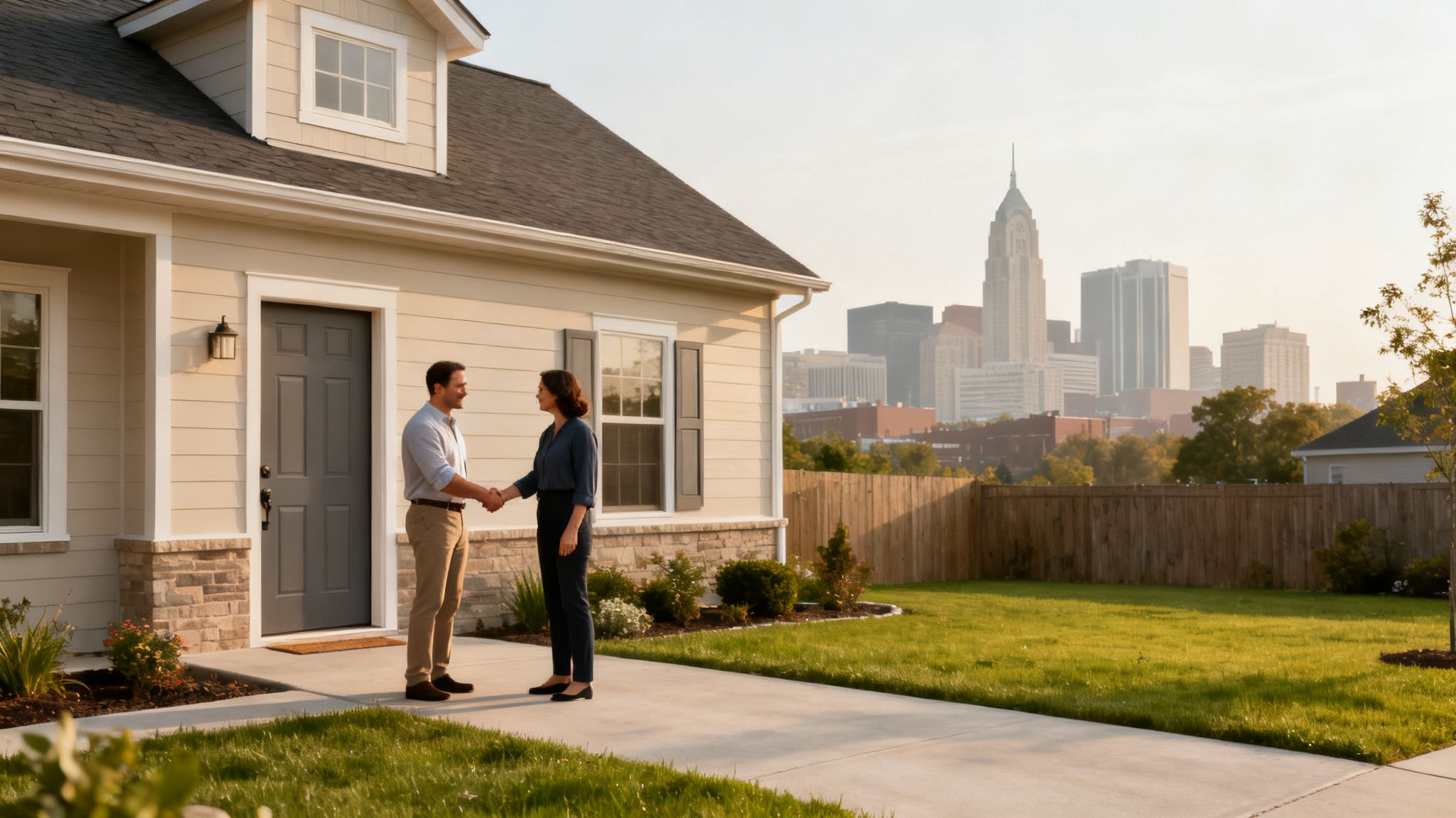 A man and a woman shaking hands in front of a modern house with a city skyline visible in the background.