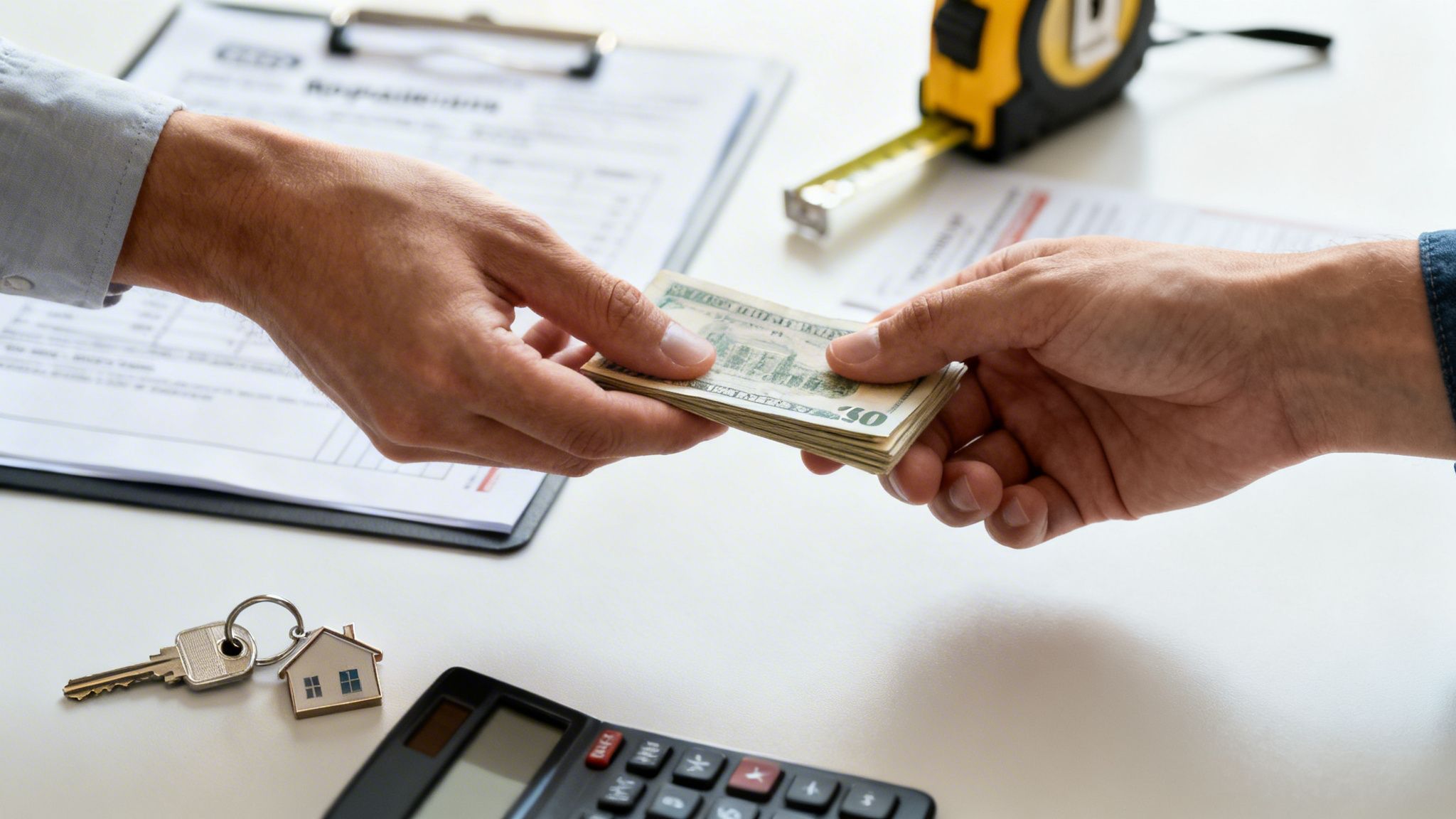 Two hands exchanging a stack of cash on a desk with house keys and a calculator.