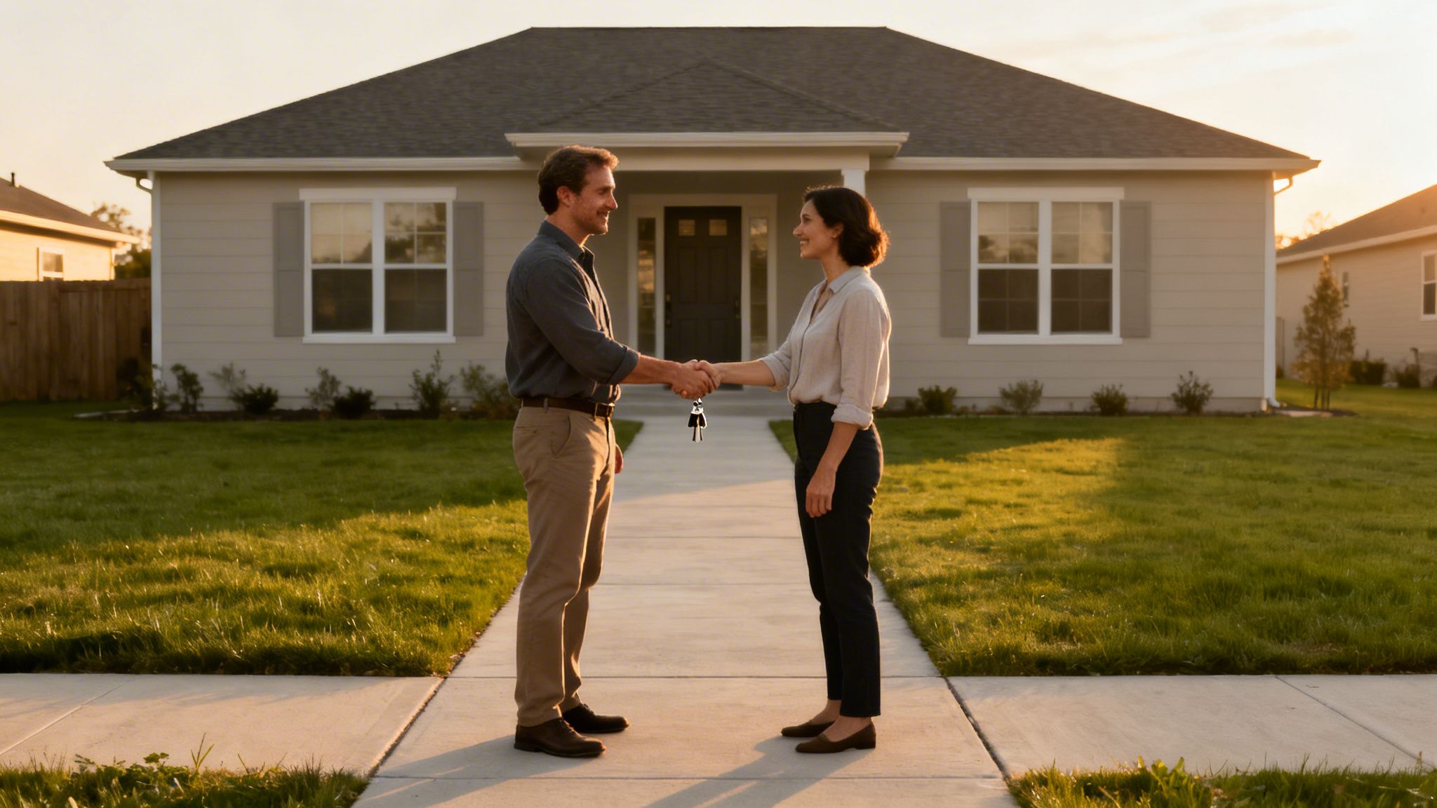 Two smiling people shake hands, exchanging keys in front of a newly purchased home at sunset.