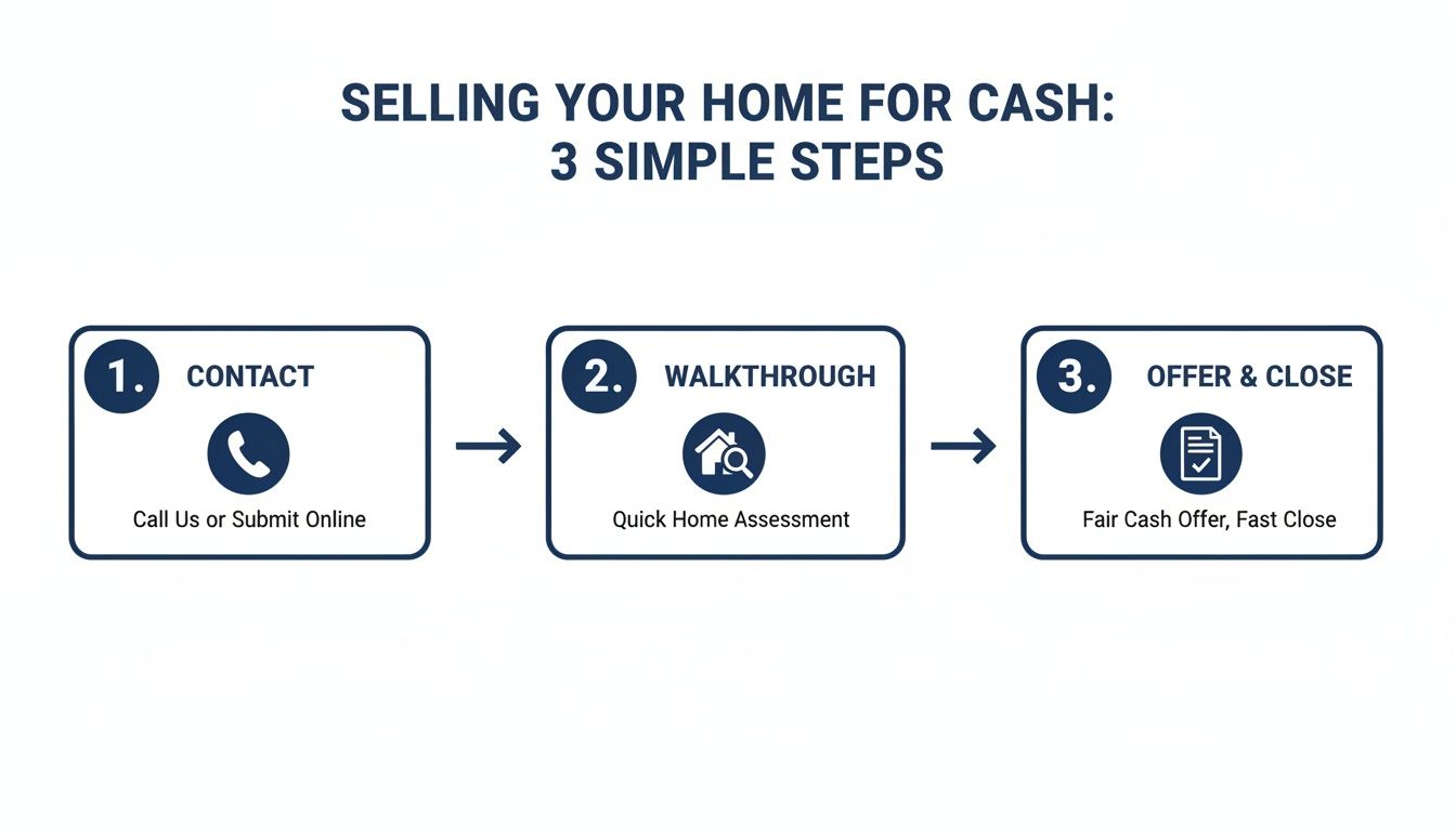 Infographic showing three simple steps to sell your house for cash: contact, walkthrough, offer and close.
