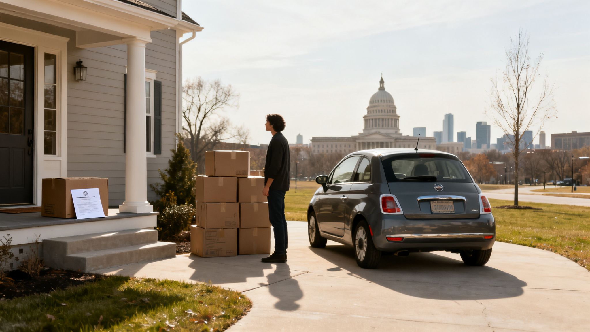 A man stands by moving boxes and a grey car outside a house, with a city in the distance.