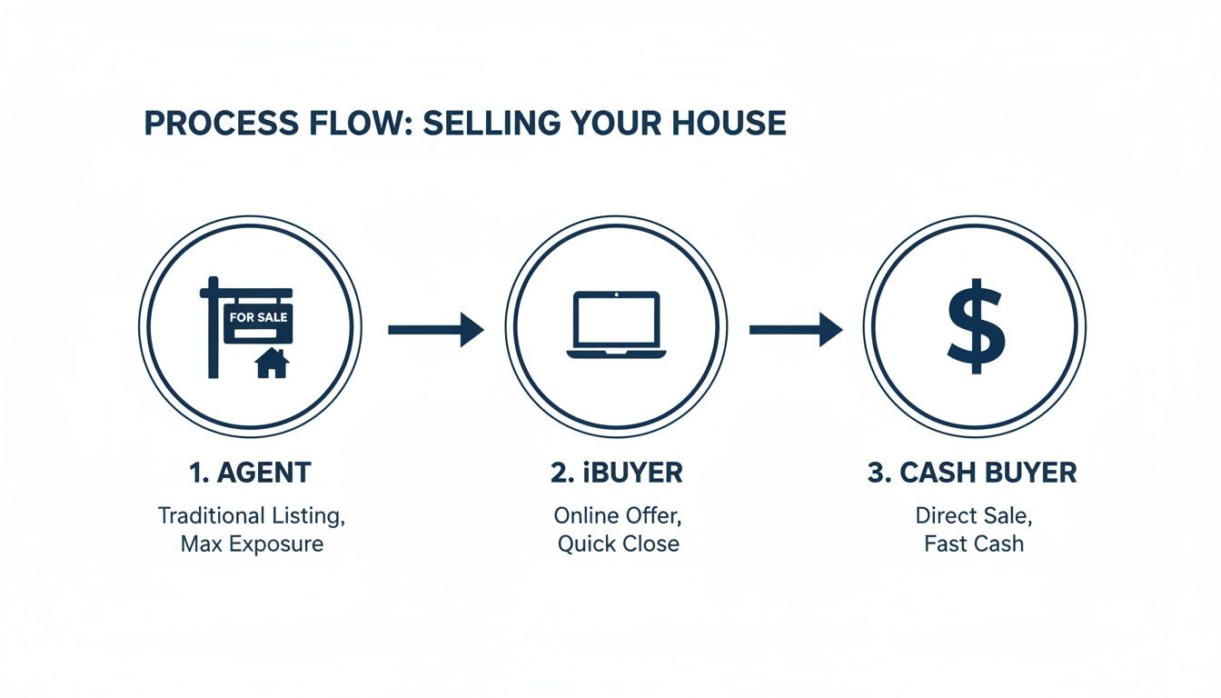 Process flow illustrating three primary methods for selling a house: Agent, iBuyer, and Cash Buyer, highlighting their key features.