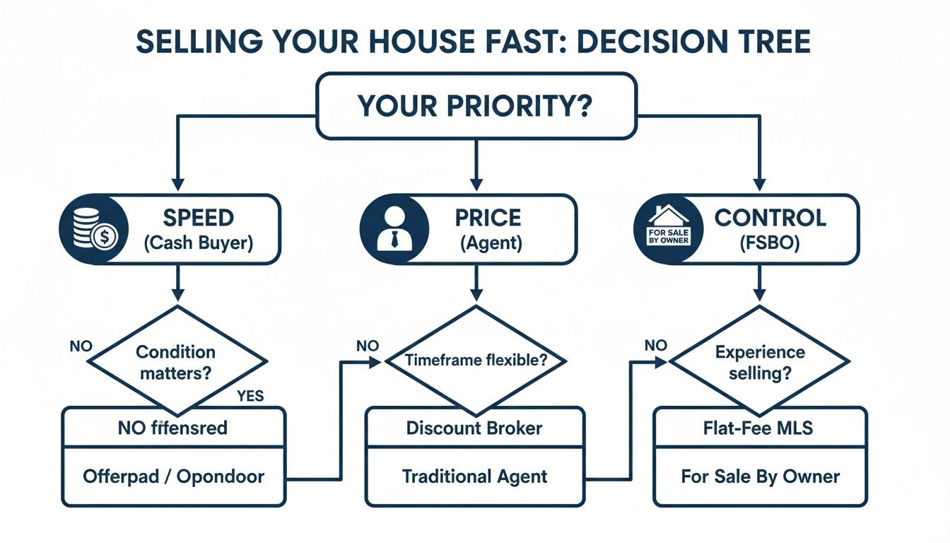 Decision tree outlining strategies for selling a house fast based on priorities like speed, price, or control.
