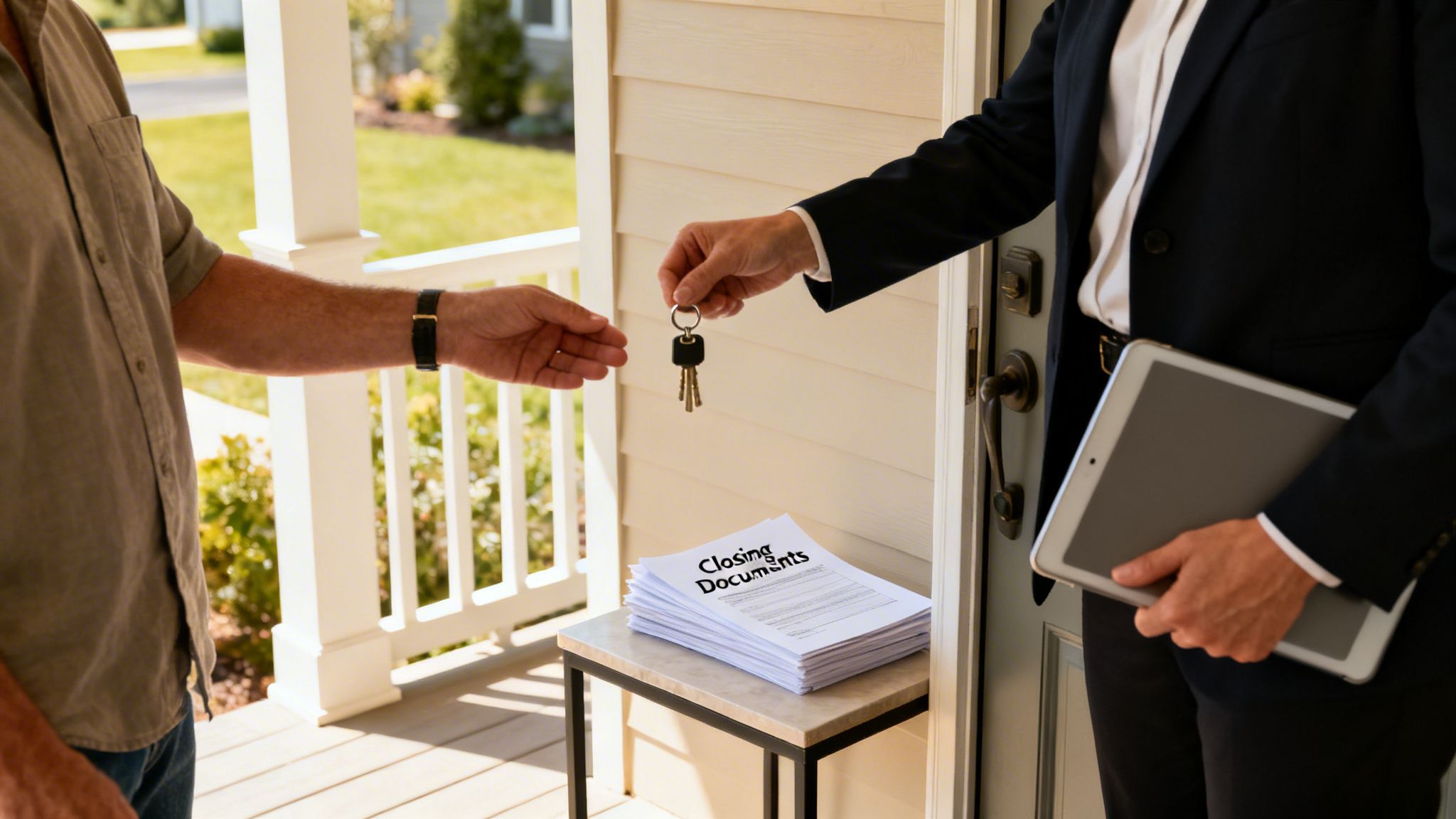 A real estate agent in a suit hands house keys to a buyer during a home closing.