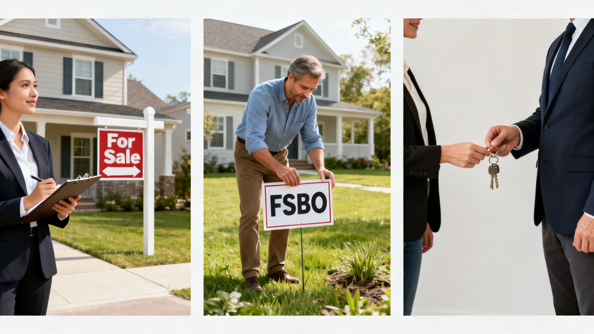 Three images depict selling a home: a realtor, an FSBO sign, and exchanging house keys.