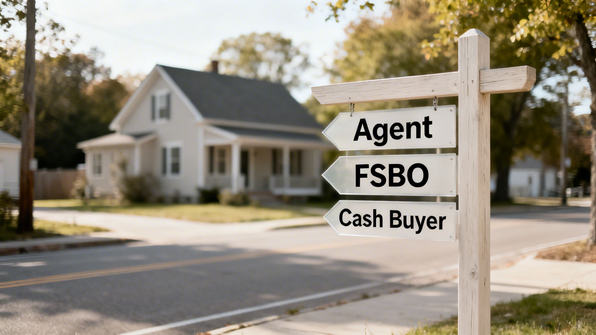 A signpost offers choices for selling a house: Agent, FSBO, or Cash Buyer, with a home in the background.