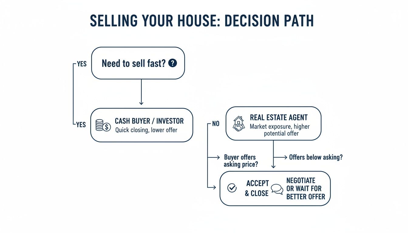 Flowchart illustrating the decision path for selling your house, considering speed, cash buyers, real estate agents, and offer negotiation.