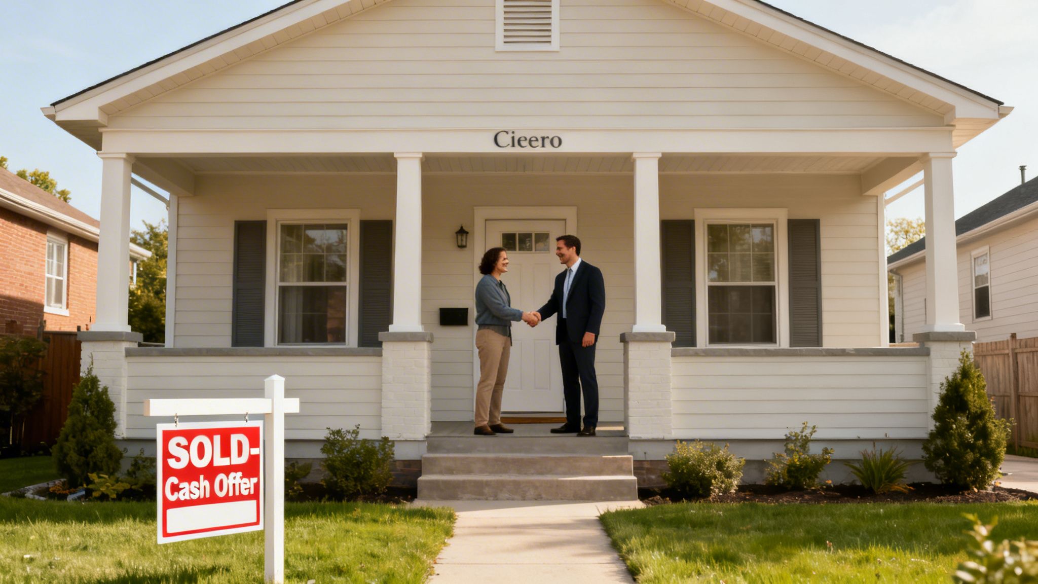 Two people shaking hands on the porch of a white house with a 'SOLD - Cash Offer' sign in the yard.