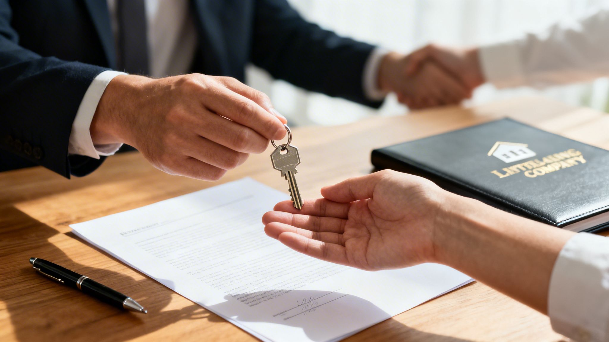 Hands exchanging a house key, symbolizing a real estate deal completion with a handshake and signed documents.
