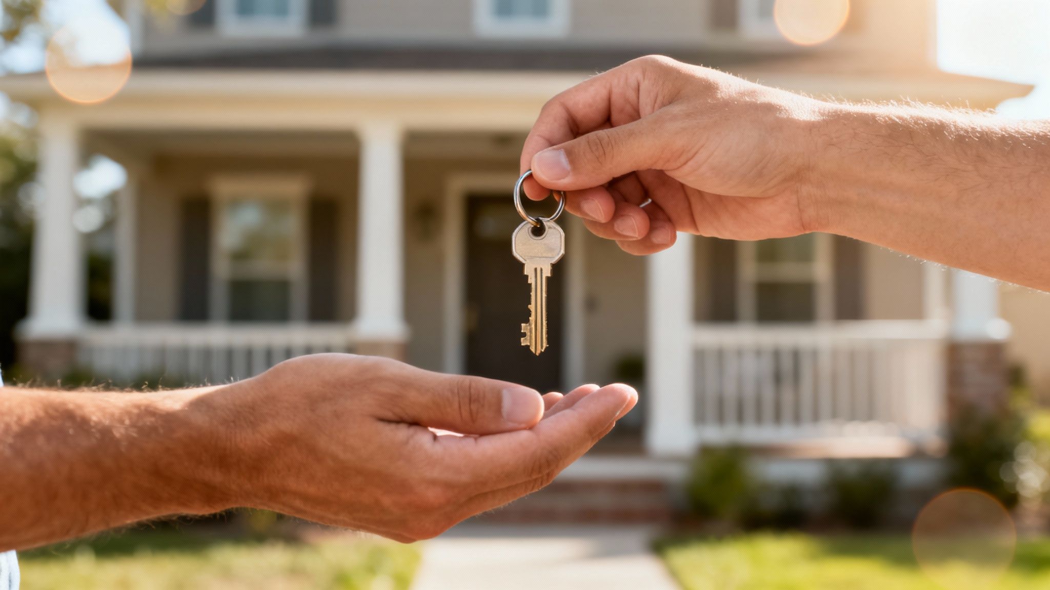 A real estate agent hands house keys to a new homeowner in front of a modern suburban house.