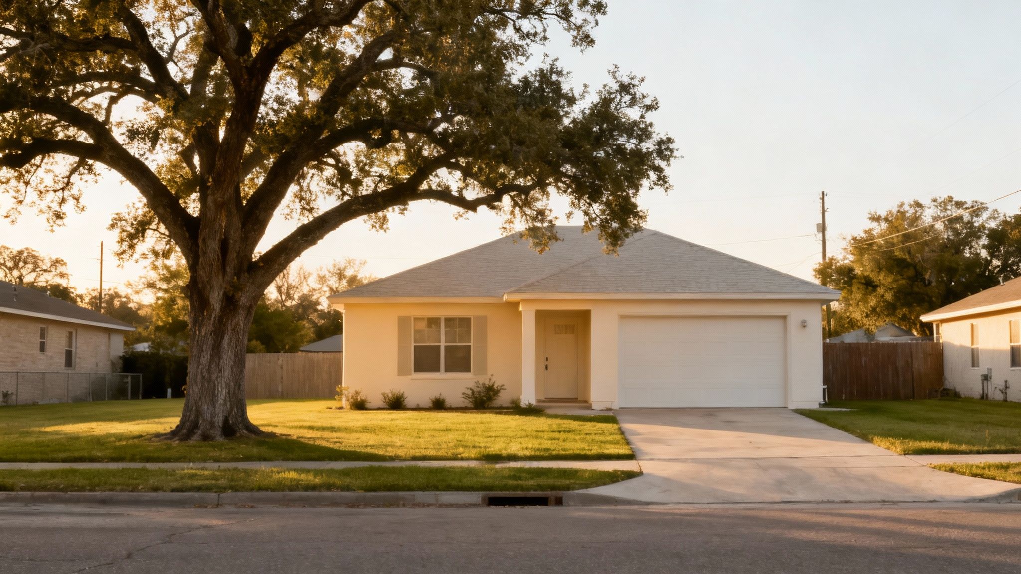 A charming one-story house with a green lawn and a large tree at sunset.