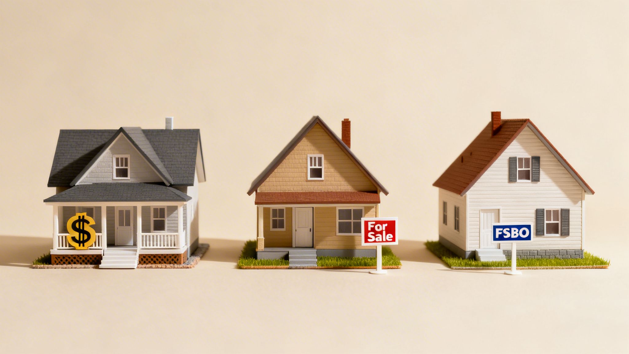 Three miniature houses representing real estate sales: one with a dollar sign, one 'For Sale,' and one 'FSBO'.