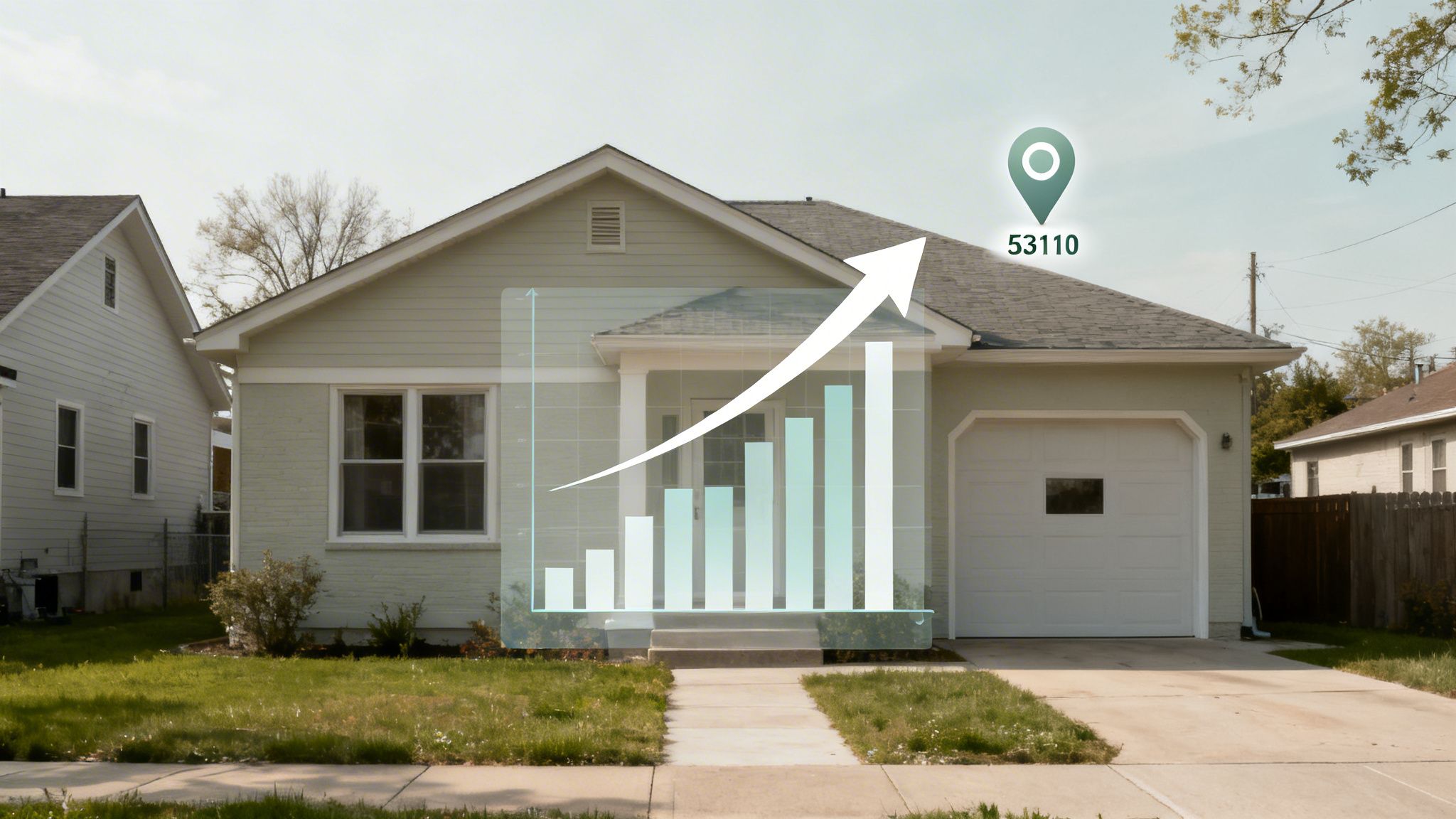 A house with a transparent overlay showing a bar chart with an upward trend and a map pin with 53110.