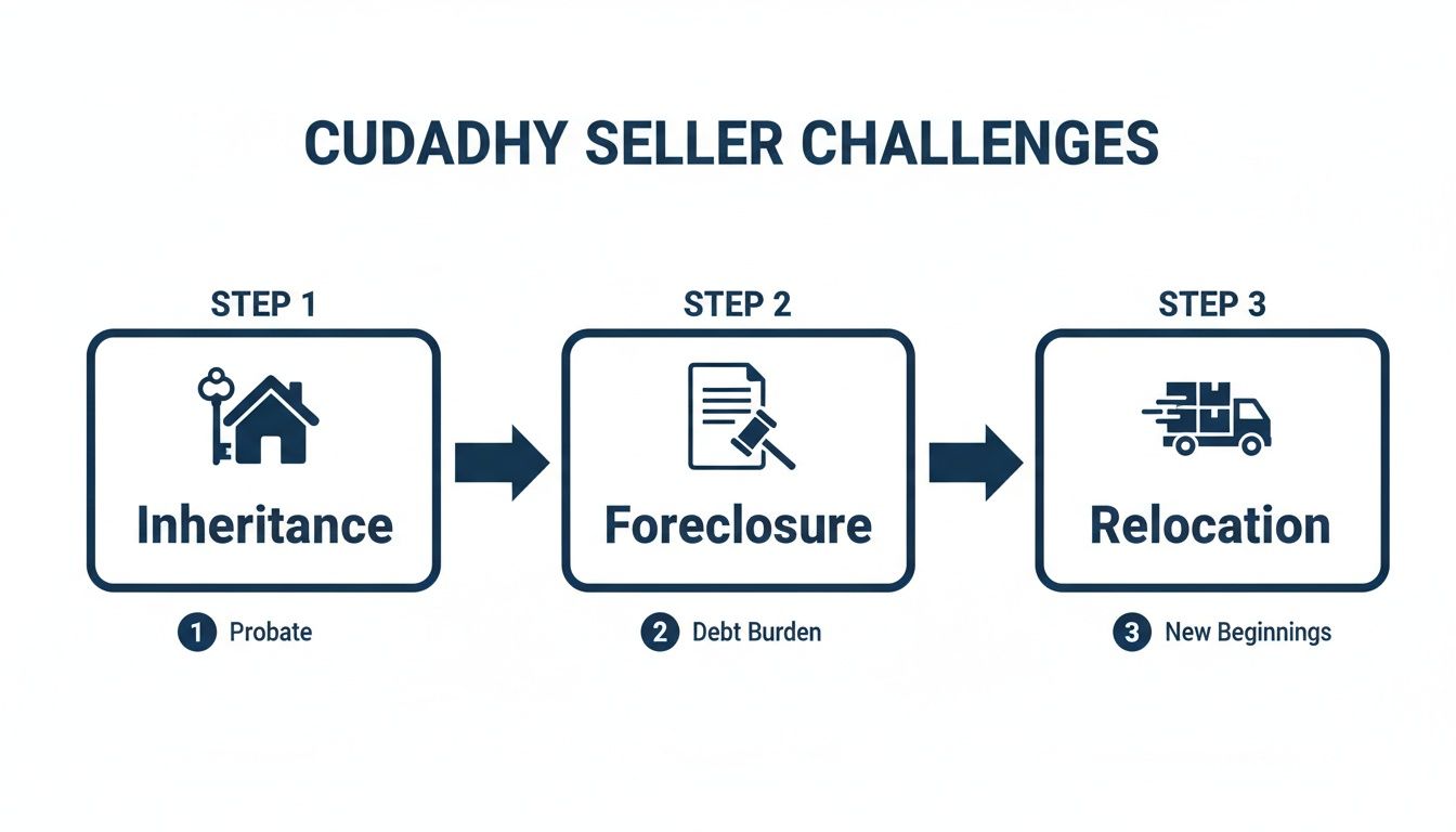 Infographic showing Cudahy seller challenges: Inheritance, Foreclosure, and Relocation steps with details.