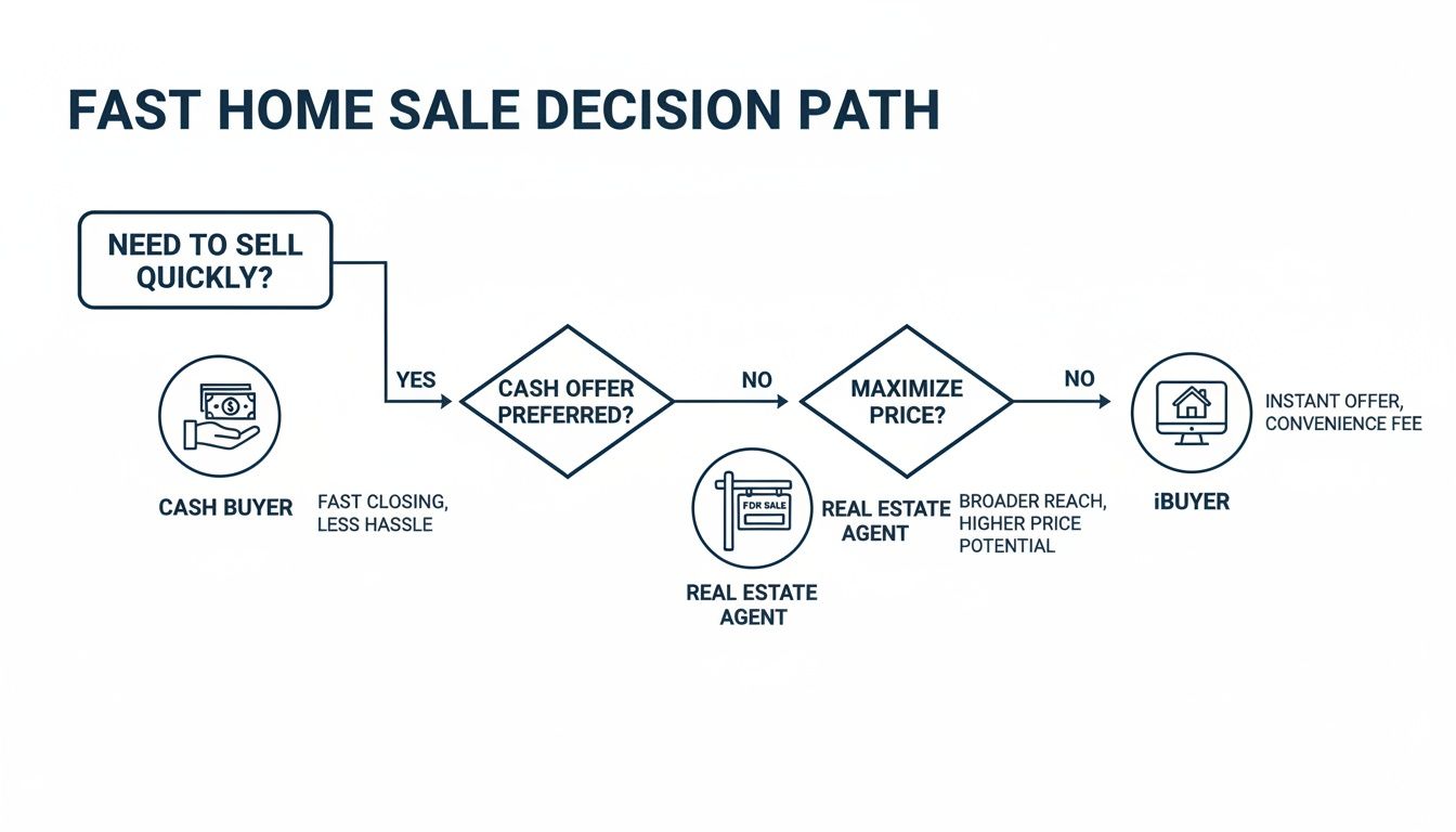 Flowchart showing a fast home sale decision path, comparing options like cash buyer, real estate agent, and iBuyer.