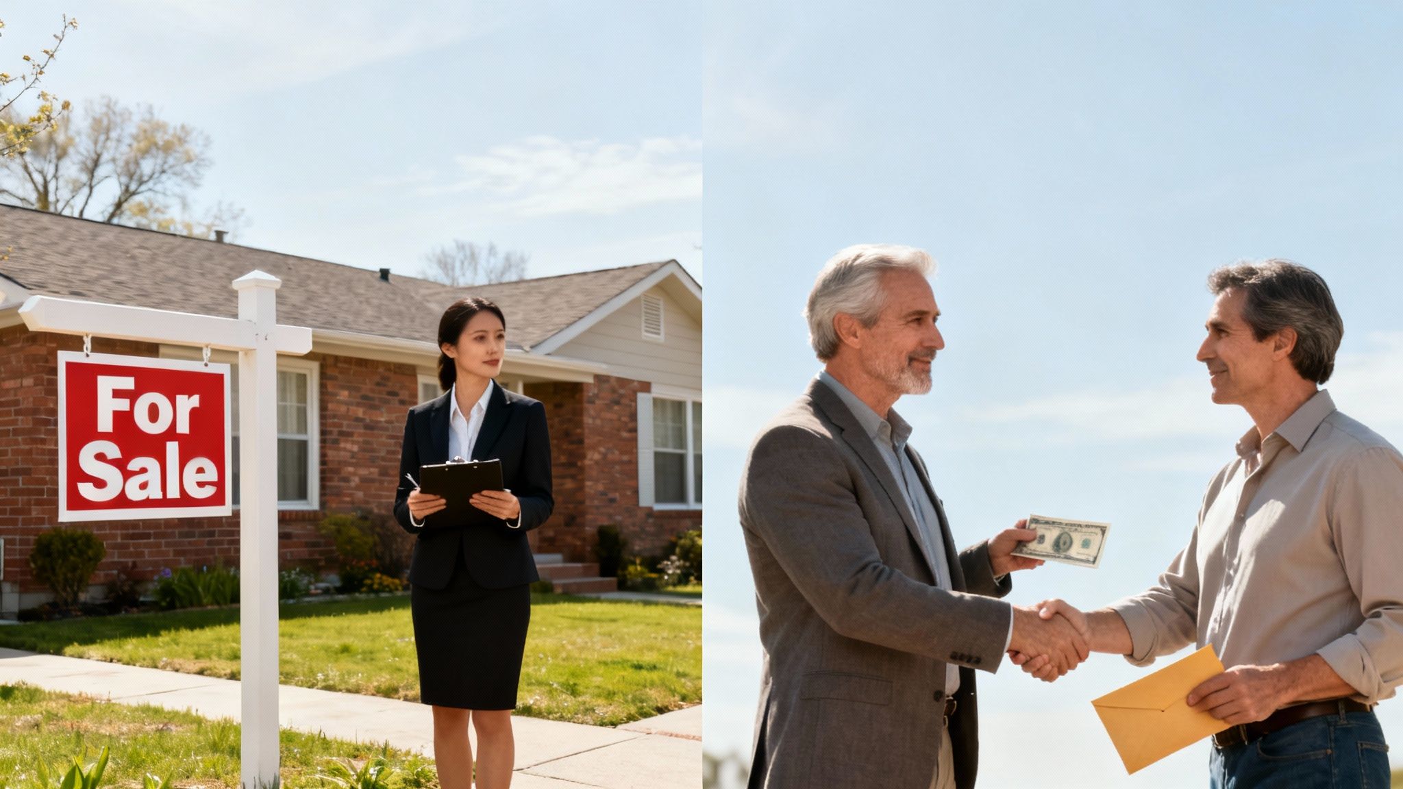 A real estate agent by a 'For Sale' sign and two men shaking hands, completing a home sale.