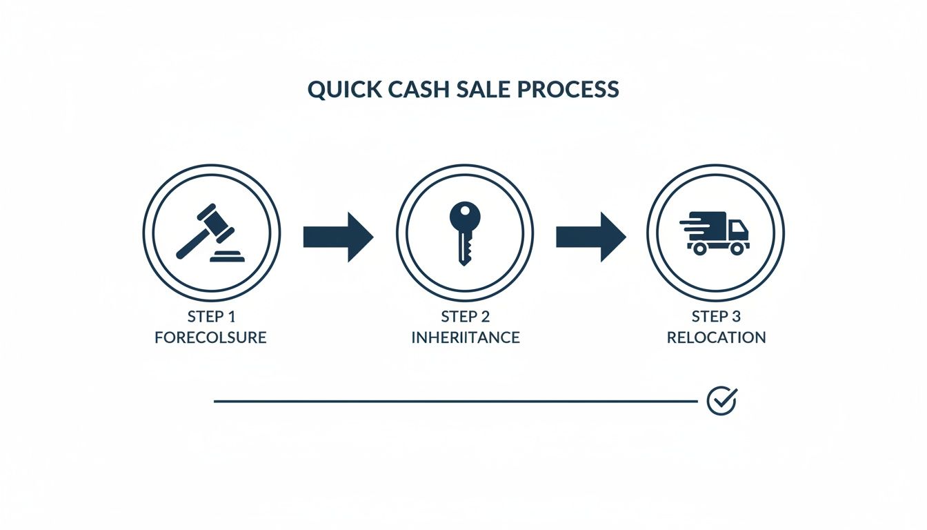 A flowchart showing a quick cash sale process with steps: Foreclosure, Inheritance, Relocation.
