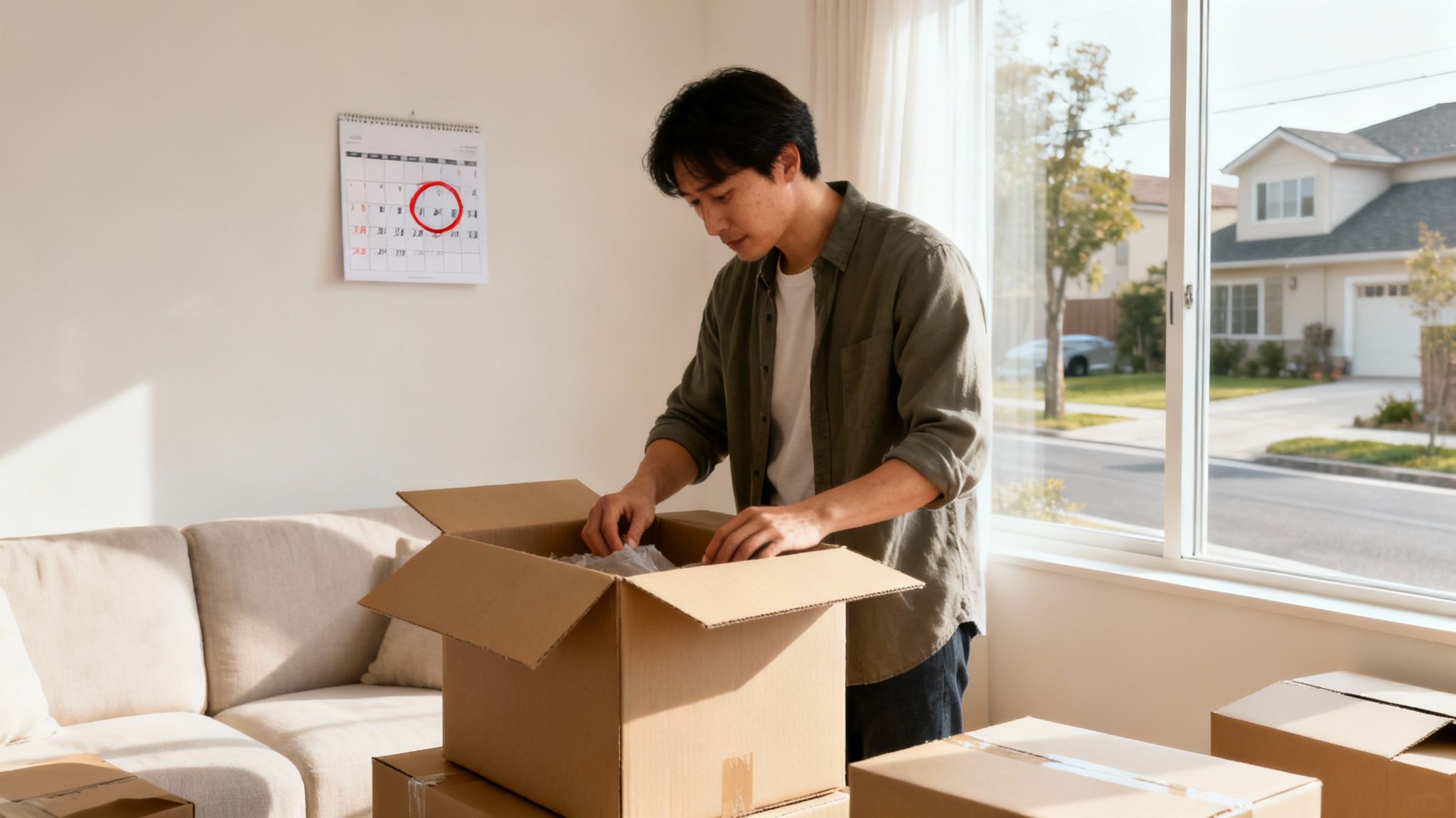 Young man carefully packing belongings into a moving box in a bright living room.