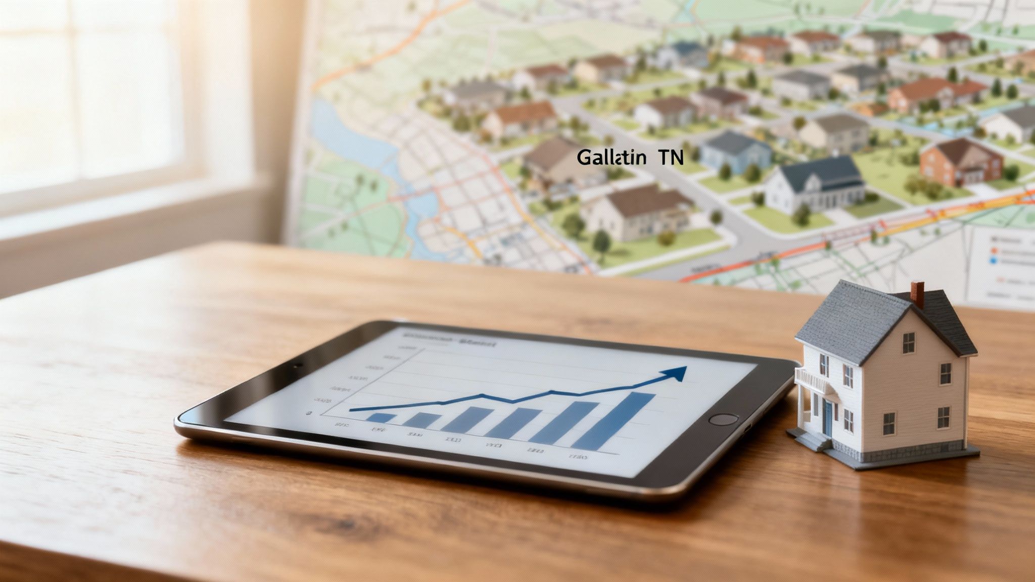 Tablet showing real estate market growth in Gallatin, TN, with a house model and map.