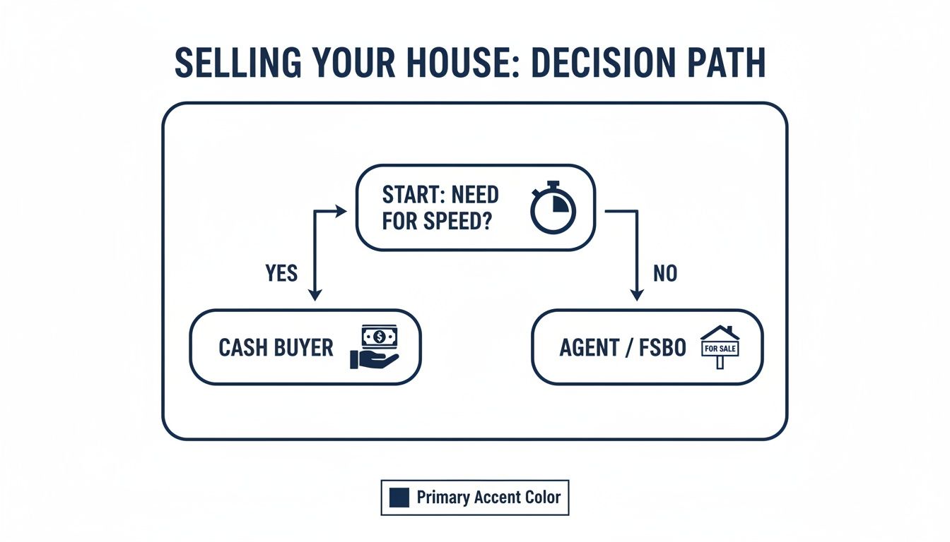 A flowchart showing the decision path for selling a house, based on the need for speed.