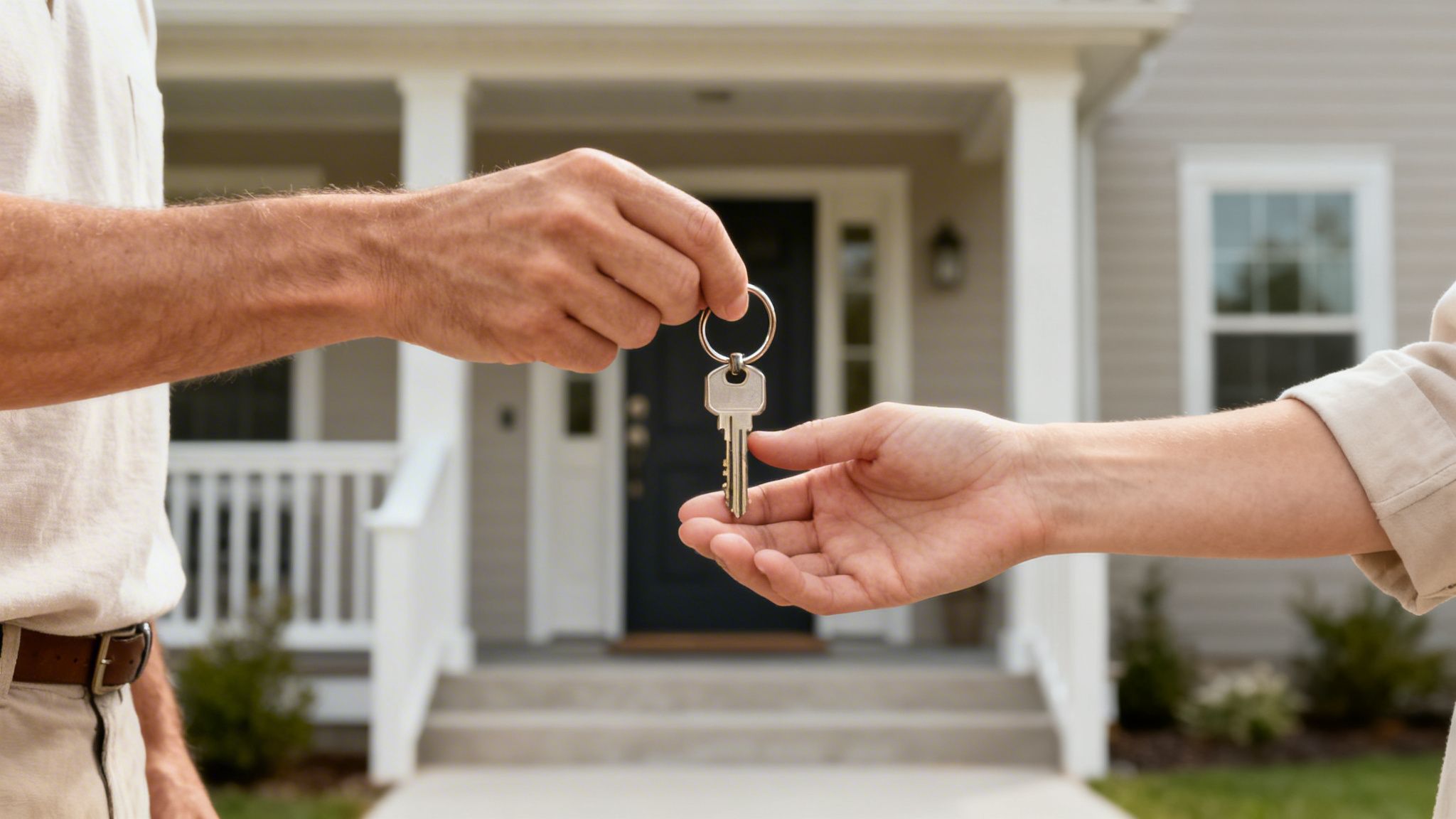 Two hands exchanging a single house key on a keyring in front of a new home.