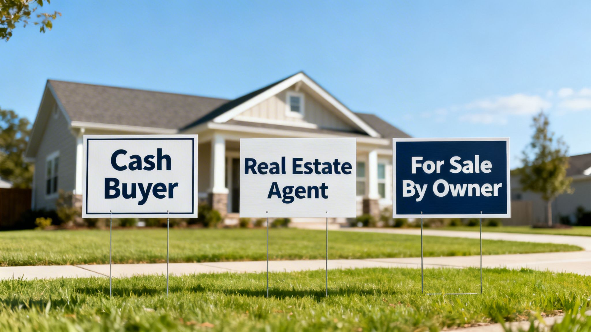 Lawn signs in front of a house advertising "Cash Buyer", "Real Estate Agent", and "For Sale By Owner" options.
