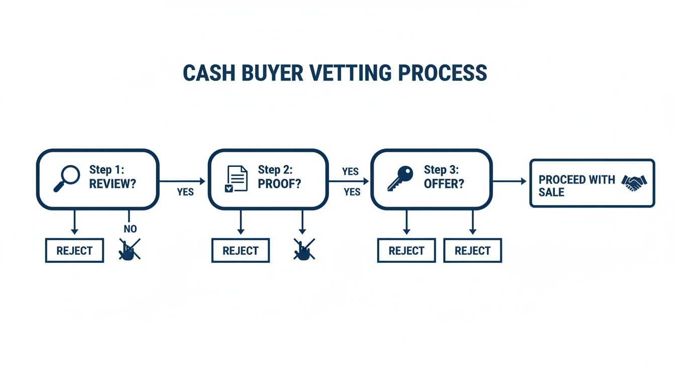 Flowchart detailing the cash buyer vetting process, including review, proof, and offer steps.
