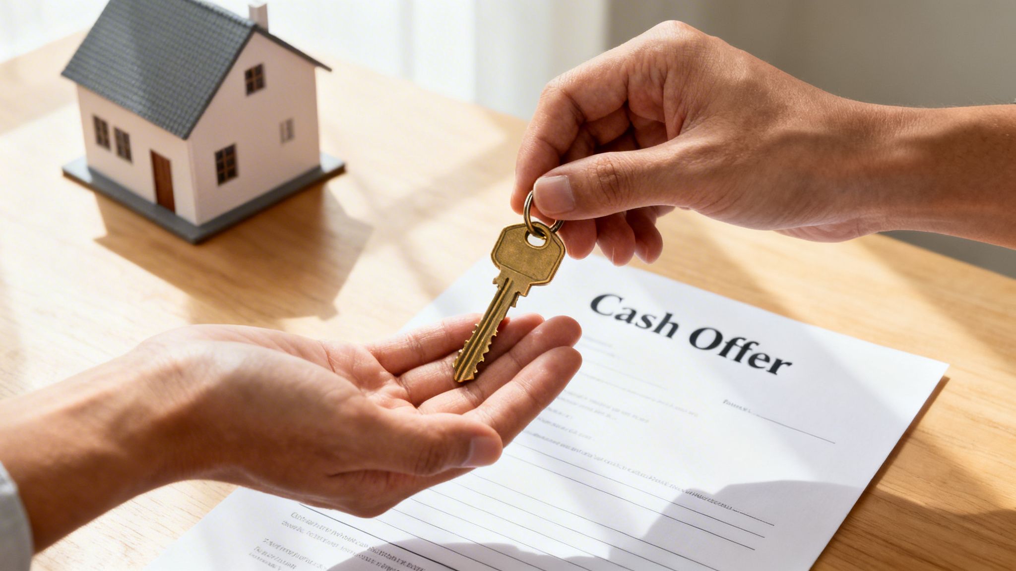 Close-up of hands exchanging a house key with a miniature house and 'Cash Offer' document on a table.