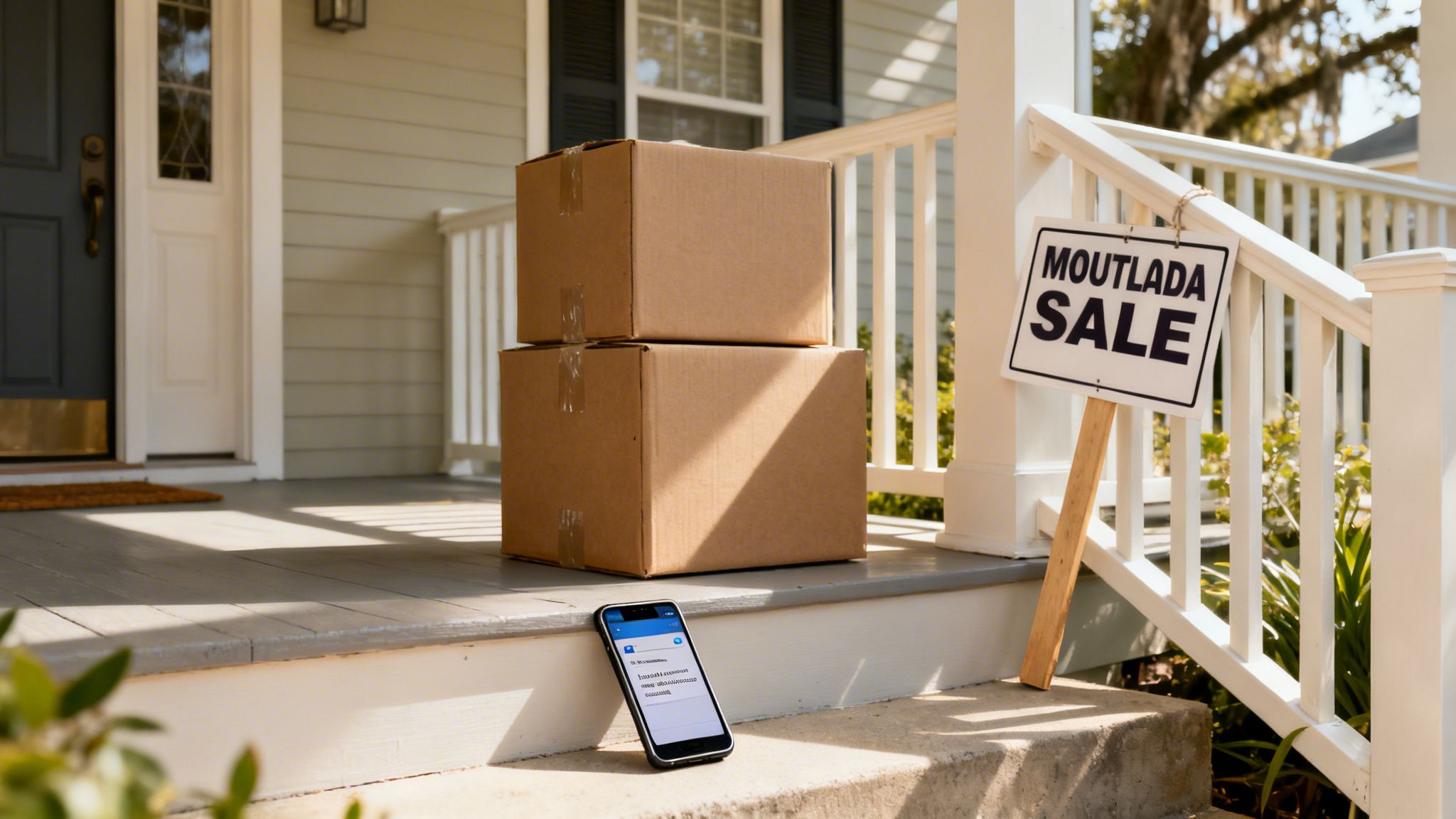 Moving boxes and a 'MOUTLADA SALE' sign on a residential porch with a smartphone.