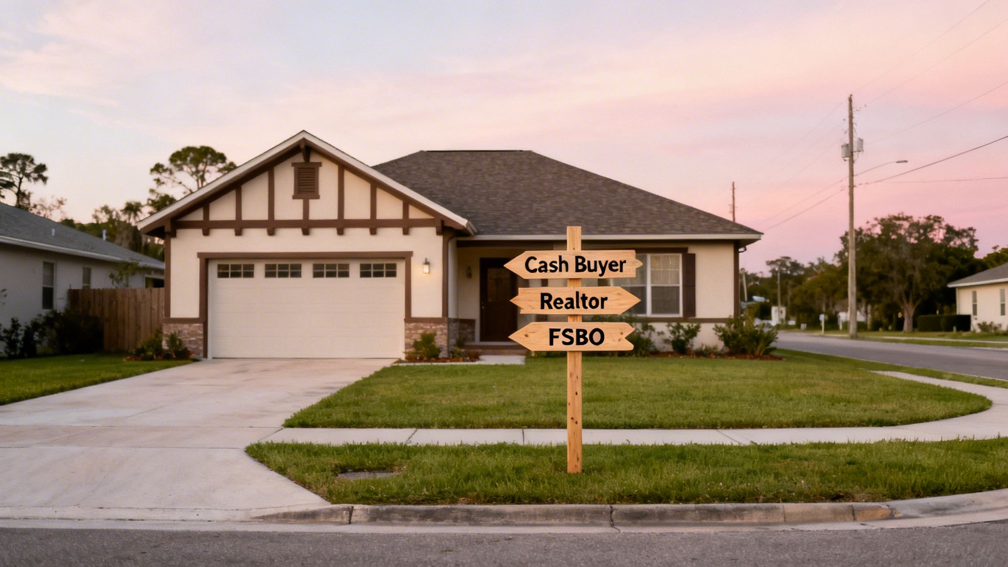 A modern house with a wooden signpost indicating options to sell quickly: Cash Buyer, Realtor, FSBO.