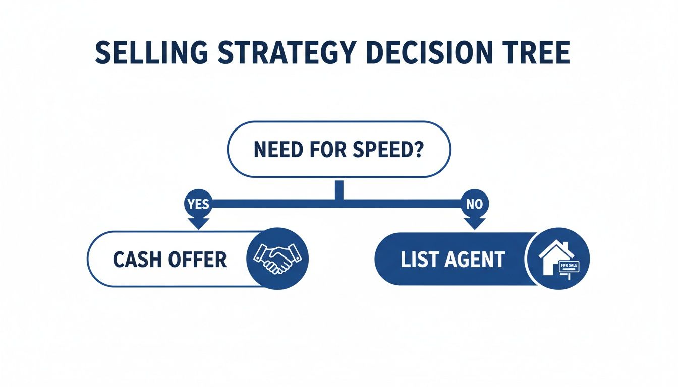 A decision tree illustrating house selling strategies: choose cash offer for speed or list with an agent.
