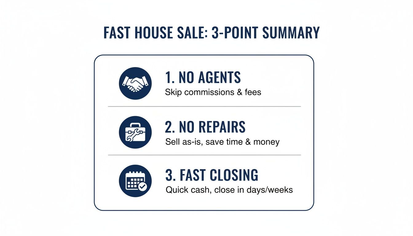 A summary of three key benefits for a fast house sale: no agents, no repairs, and quick closing.