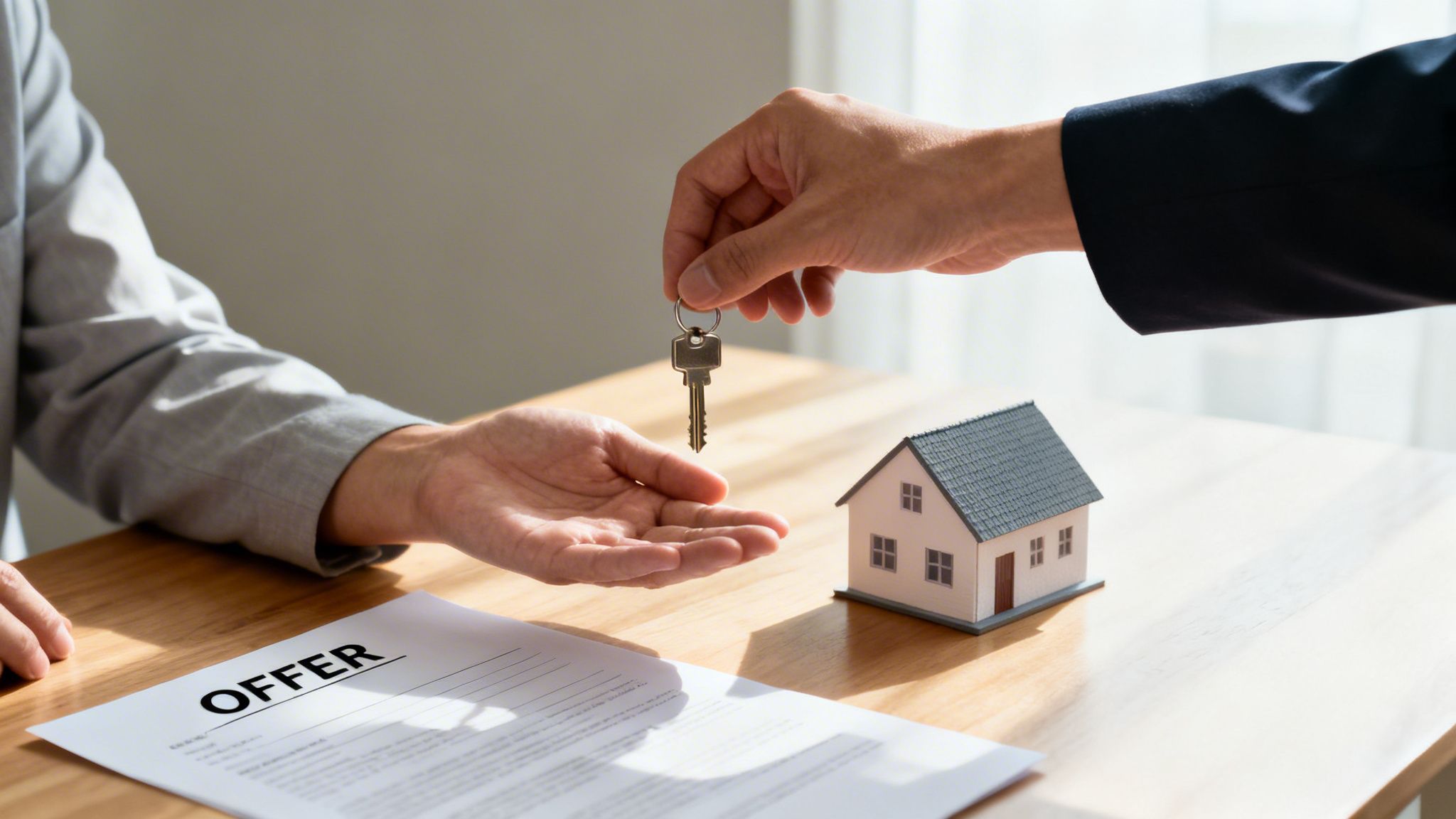 A real estate agent hands house keys to a client, with an offer document and house model on a wooden table.