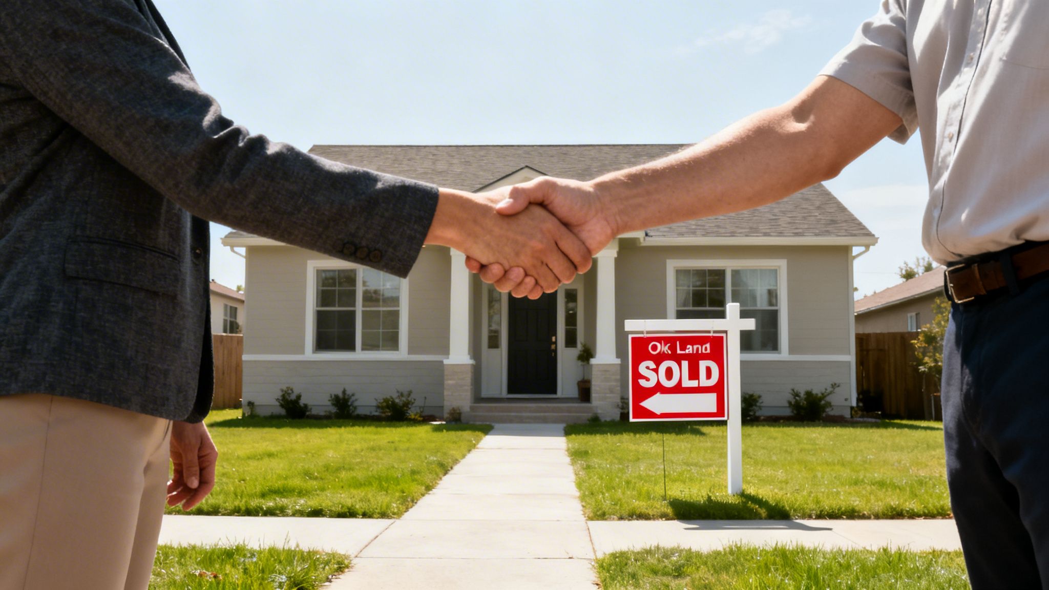 Two people shaking hands in front of a house with a 'SOLD' sign in the yard.