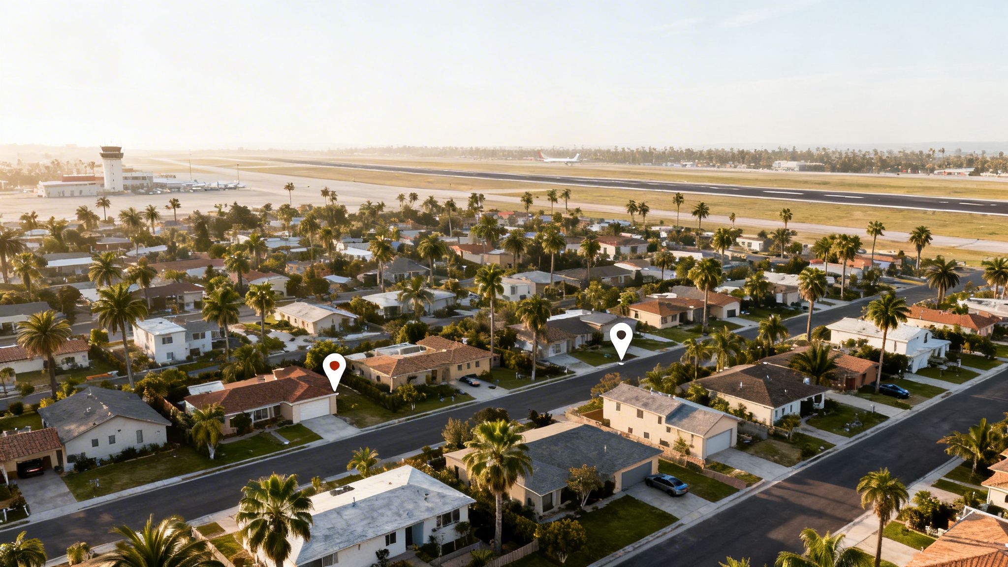 Aerial view of a residential neighborhood with palm trees near an airport runway at sunset, marked with location pins.