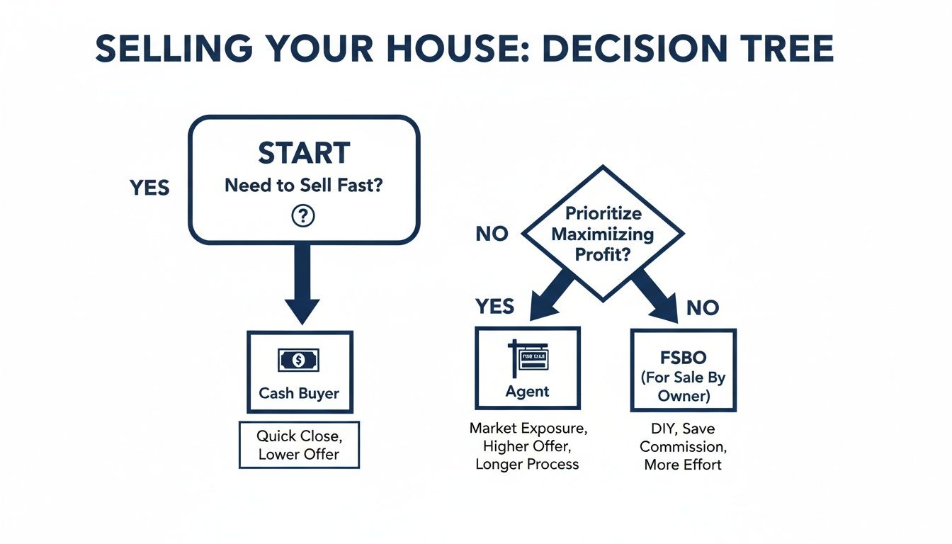 A house selling decision tree showing options based on speed and profit prioritization.