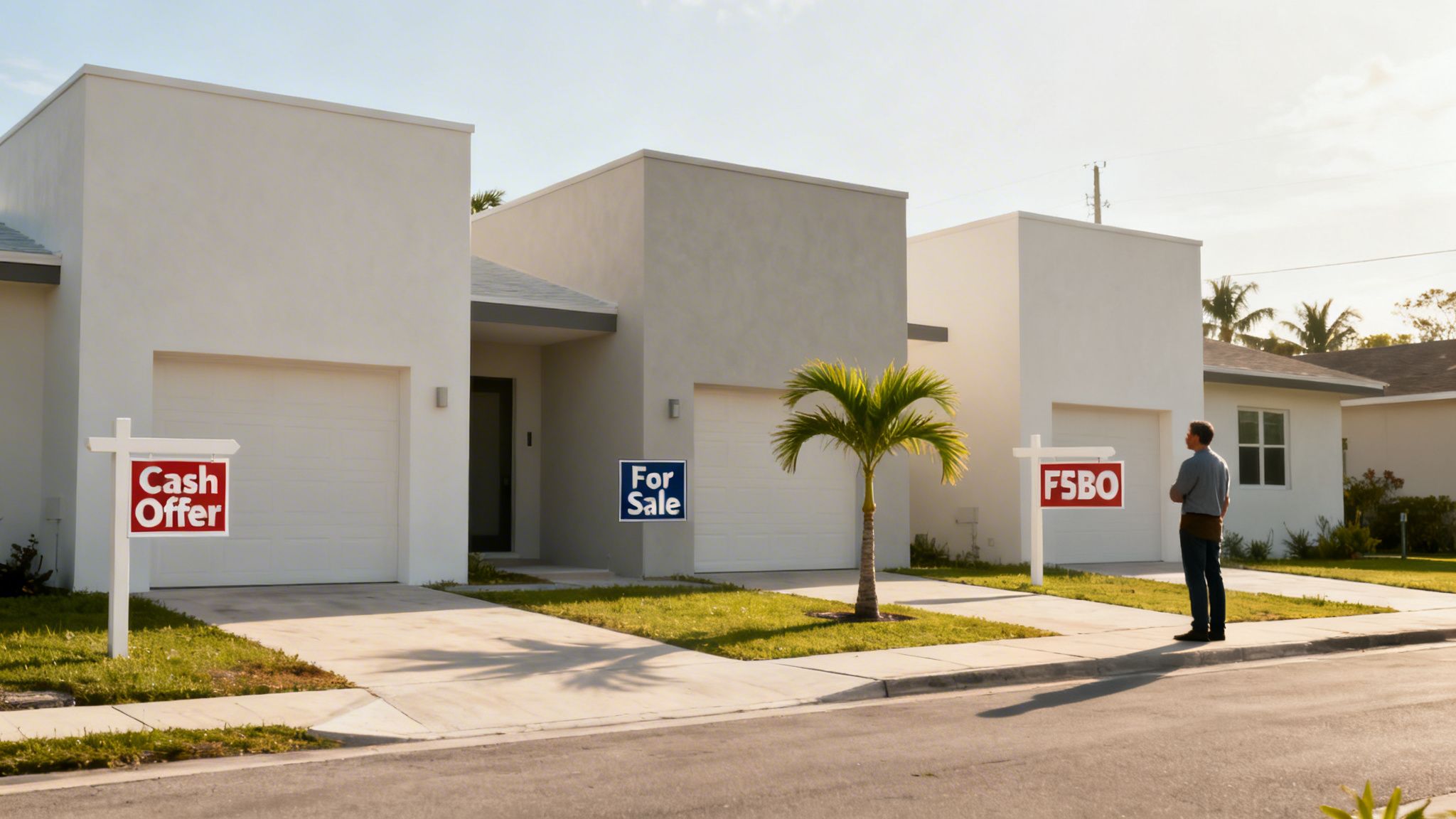 A man observes a row of modern houses, each displaying a different real estate sign: 'Cash Offer', 'For Sale', and 'FSBO'.